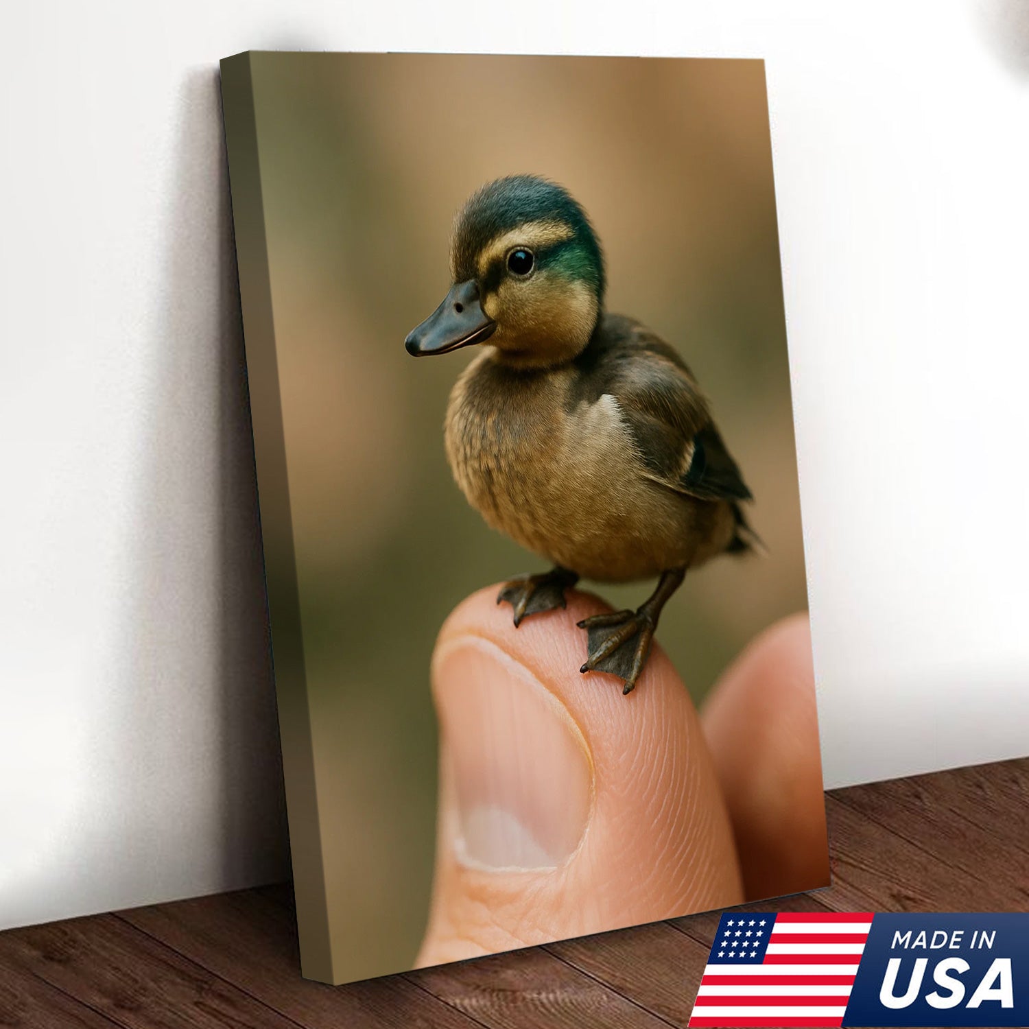 Cute Baby Duck Canvas Wall Art - Adorable Duckling Perched on Finger - Nature Wildlife Artwork for Home Decor