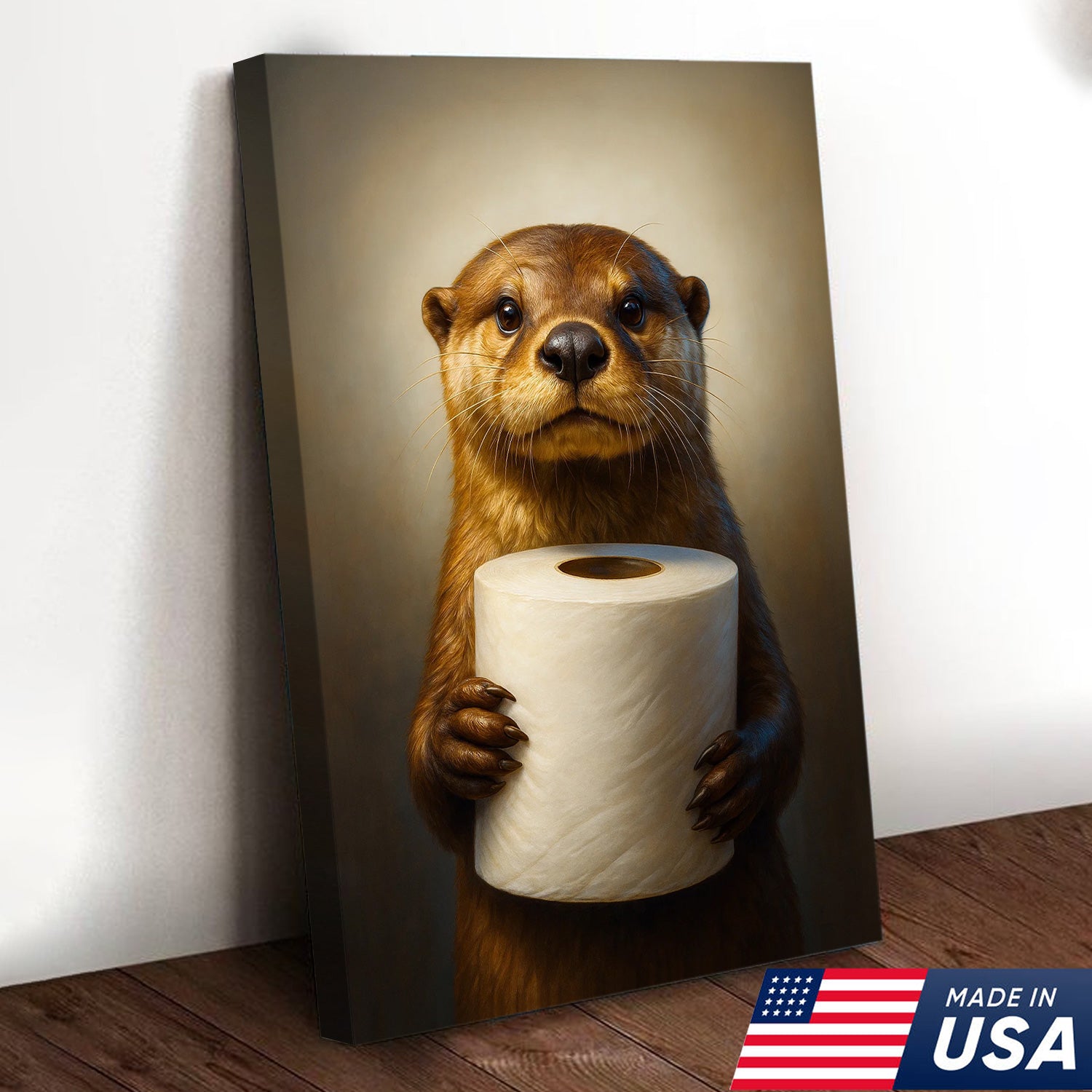 Funny Otter Canvas Wall Art - Cute Bathroom Decor with Toilet Paper - Rustic Wildlife Print
