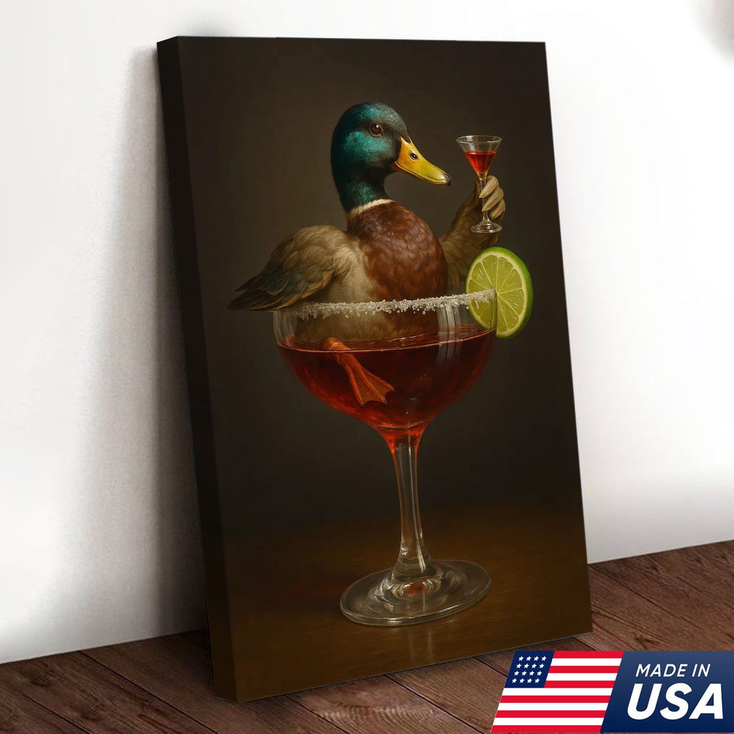 Funny Mallard Duck Canvas Wall Art - Quirky Animal in Cocktail Glass Design - Unique Wildlife Artwork for Home Decor
