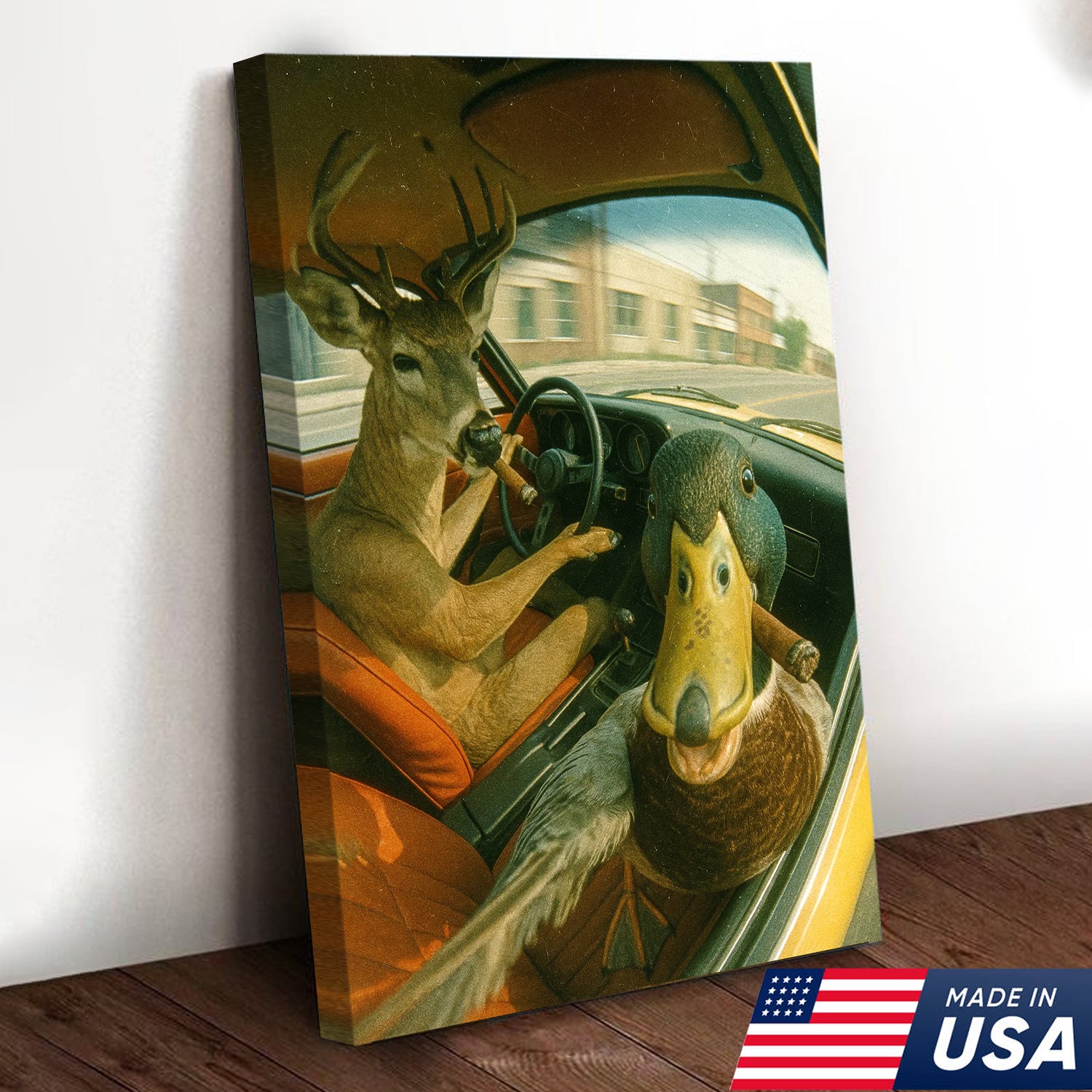 Wild Road Trip Canvas Wall Art – Deer & Duck Adventure Scene – Quirky Rustic Cabin Decor