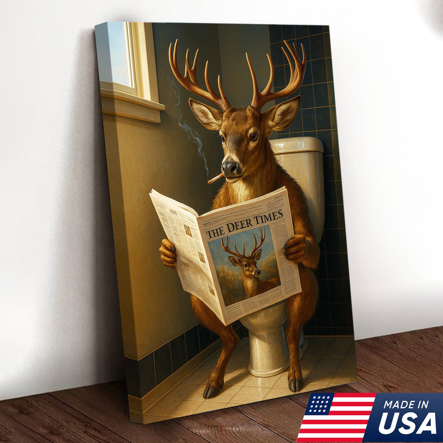 Funny Deer Canvas Wall Art – Buck Reading Newspaper on Toilet – Whitetail Deer Bathroom Humor Hunting Lodge Decor