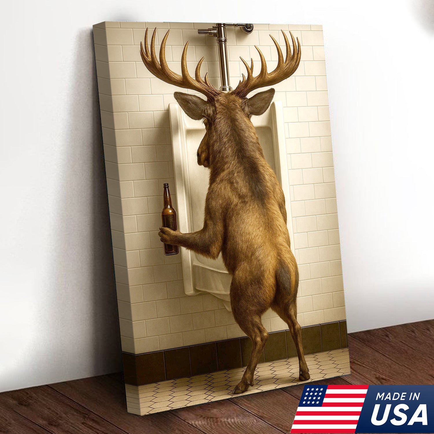 Funny Elk Canvas Wall Art - Rustic Bathroom Lodge Decor for Hunters - Unique Wildlife Cabin Print
