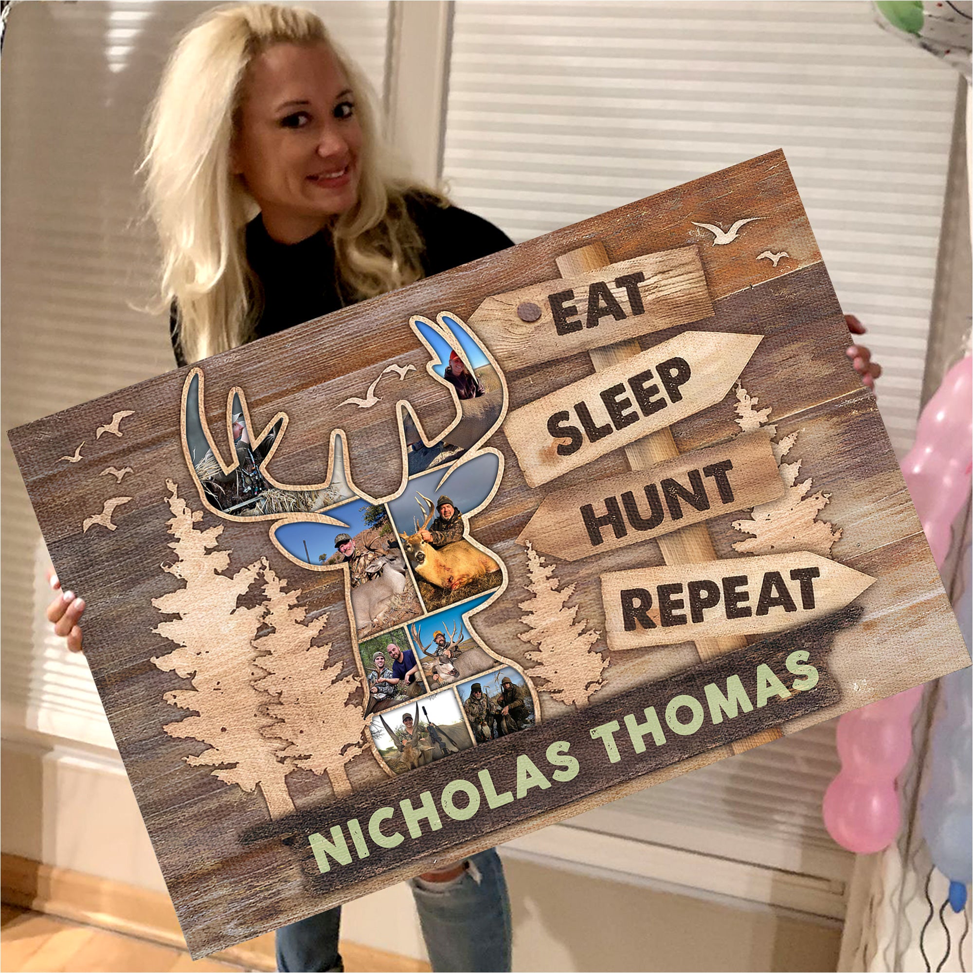 Personalized Hunting Canvas – Custom Deer Head Photo Collage Gift, Eat Sleep Hunt Repeat Wall Art for Hunters, Rustic Cabin Decor