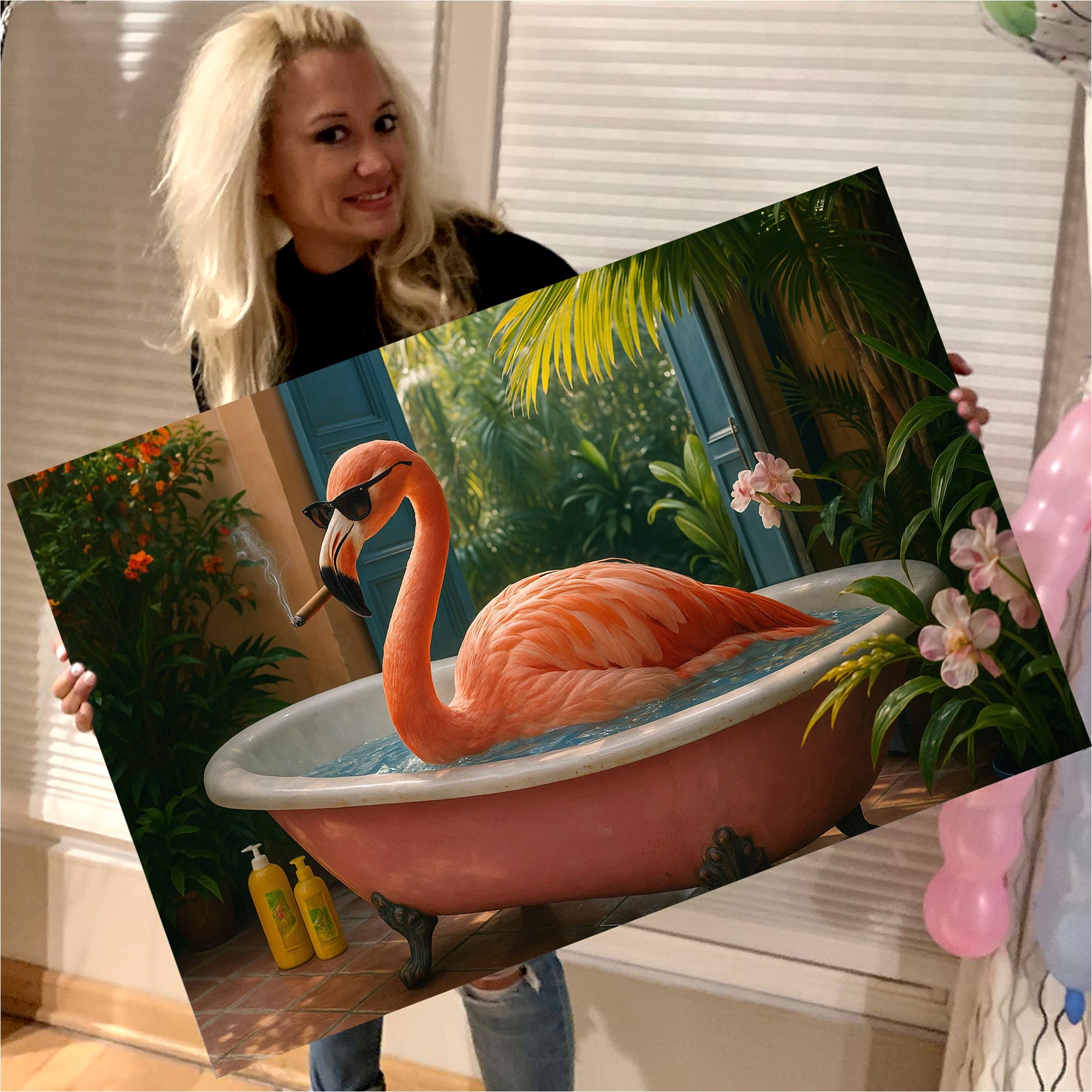 Funny Flamingo Canvas Wall Art – Cool Pink Bird in Bathtub – Tropical Bathroom Decor