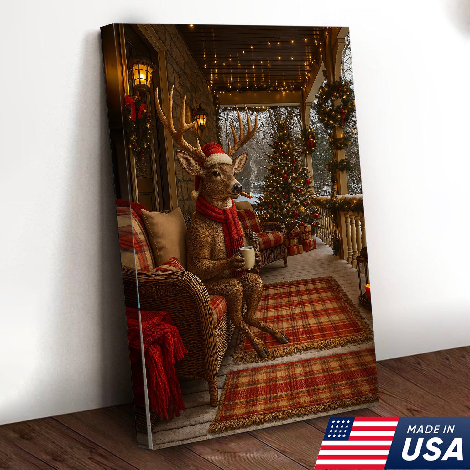 Christmas Deer Porch Canvas Wall Art, Cozy Cabin Reindeer With Scarf Holiday Print, Rustic Plaid Farmhouse Christmas Decor