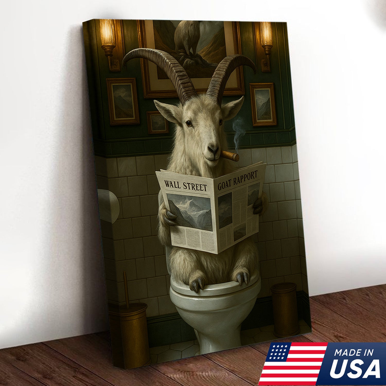 Funny Mountain Goat Bathroom Wall Art – Rustic Hunting Cabin Toilet Humor Canvas