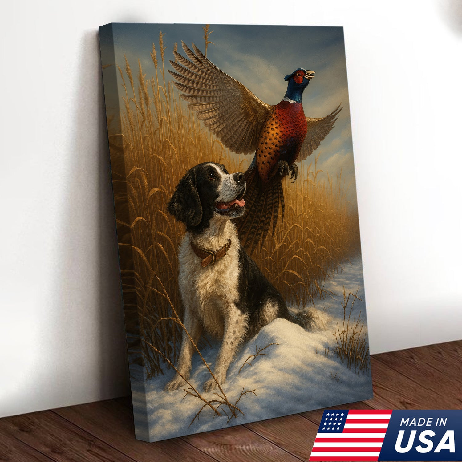 Hunting Dog & Pheasant in Winter Field Canvas – Classic Wildlife Wall Art for Lodge & Nature Decor