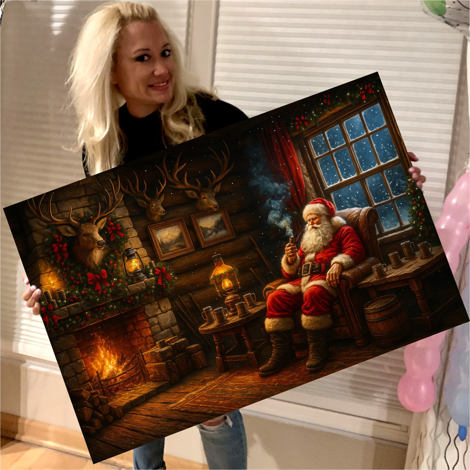 Christmas Santa Cabin Canvas Wall Art, Rustic Fireplace Holiday Decor, Cozy Farmhouse Christmas Living Room Print