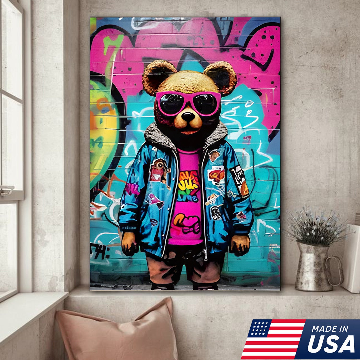 Neon Graffiti Animals Triptych Canvas Wall Art Set, Tiger Bear Gorilla Street Art Prints