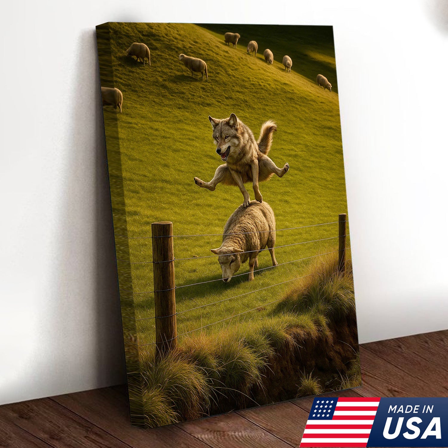 Funny Wolf and Sheep Canvas Wall Art - Hilarious Animal Jump Scene, Rustic Farmhouse Decor for Living Room & Cabin