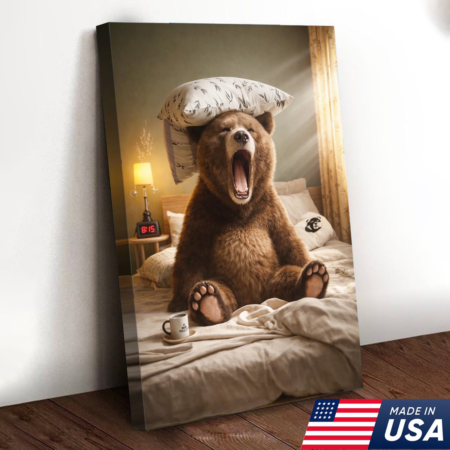 Funny Sleepy Bear Canvas Wall Art, Yawning Bear in Bed with Pillow, Cozy Bedroom Animal Art