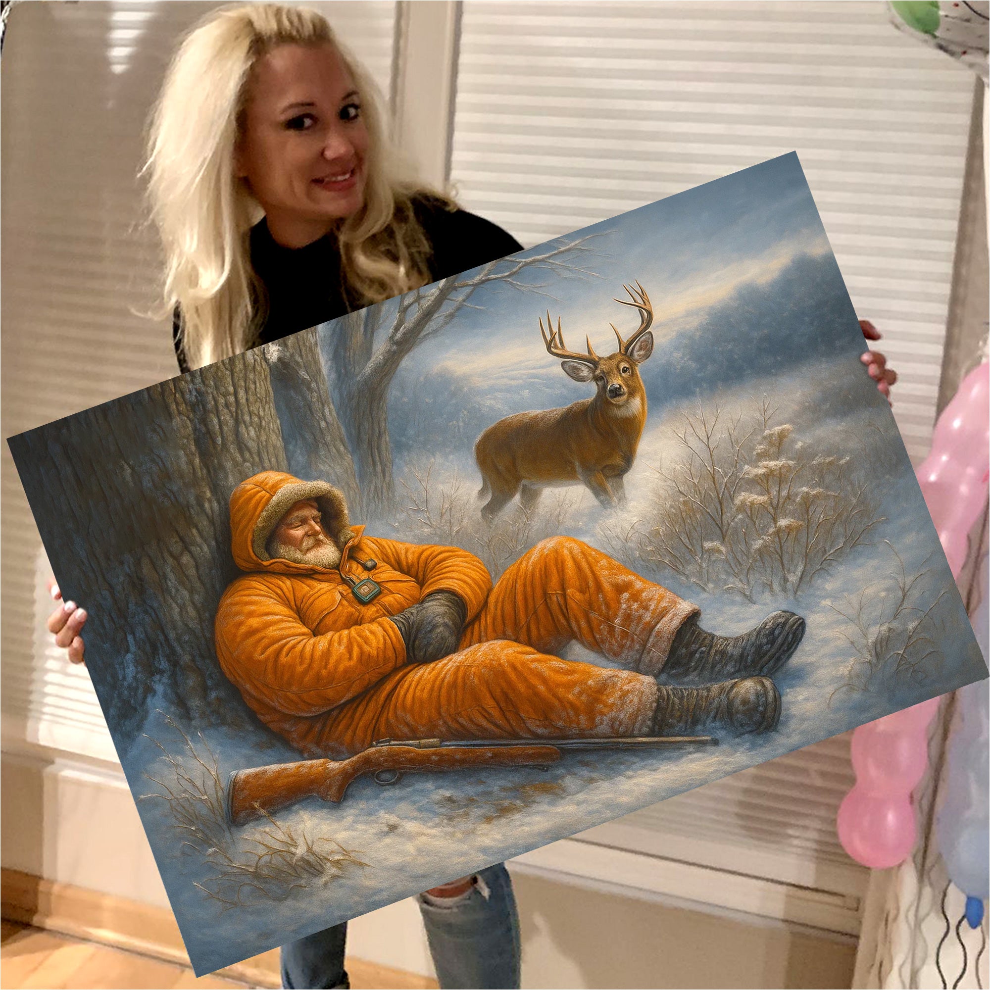 Funny Deer Hunting Canvas Wall Art - Sleeping Hunter Winter Scene - Rustic Lodge and Cabin Decor