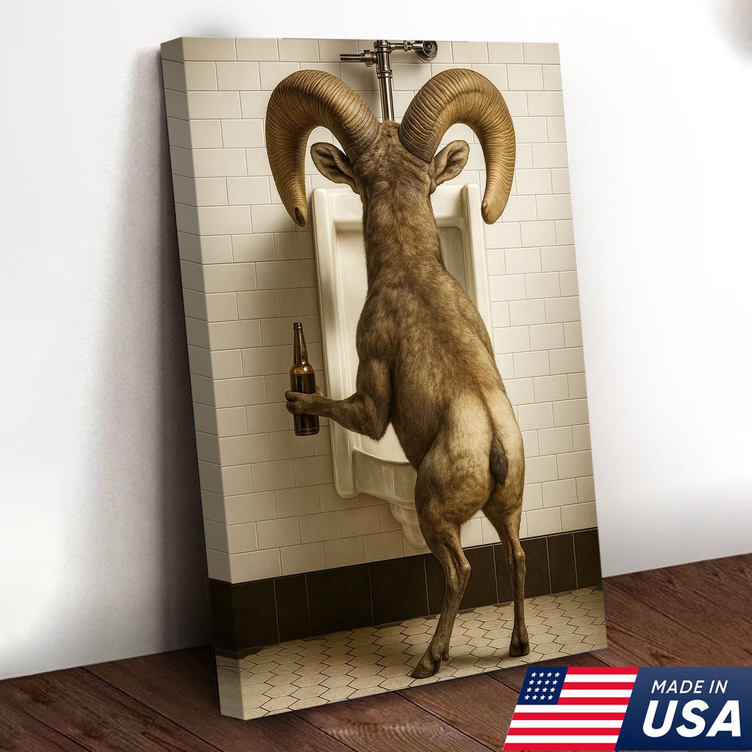 Humorous Big Horn Sheep Canvas Wall Art - Rustic Lodge Bathroom Decor for Cabin and Farmhouse - Wildlife Lover Gift