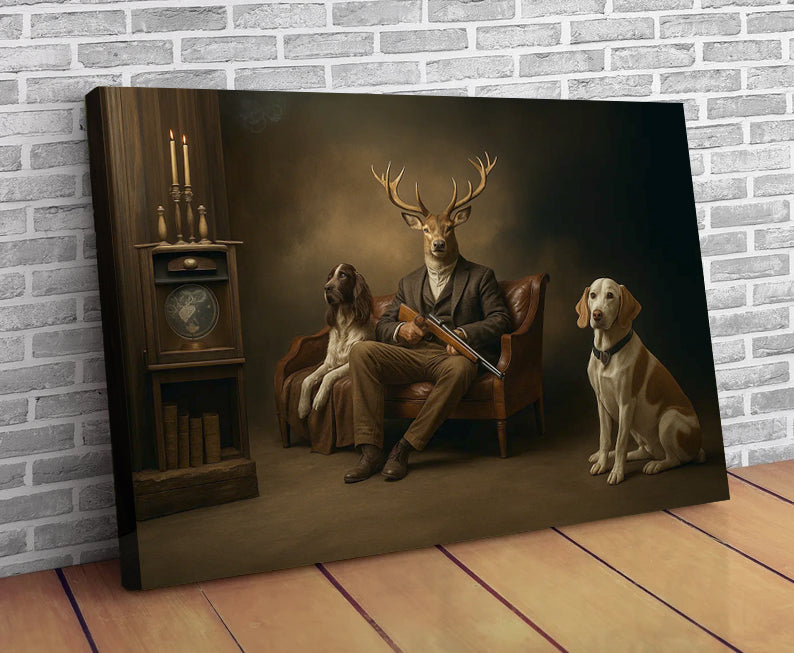 Deer Hunter Gentleman Canvas – Surreal Wall Art with Dogs for Cabin or Man Cave