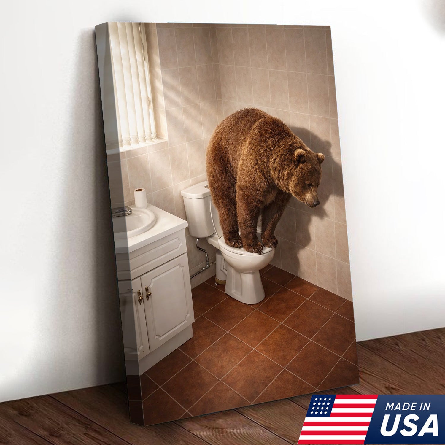 Funny Bear Toilet Canvas, Bathroom Humor Wall Art, Animal Decor