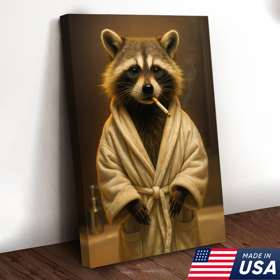 Hilarious Raccoon Bathrobe Canvas – Cozy Bathroom Humor Wall Art, Man Cave Decor