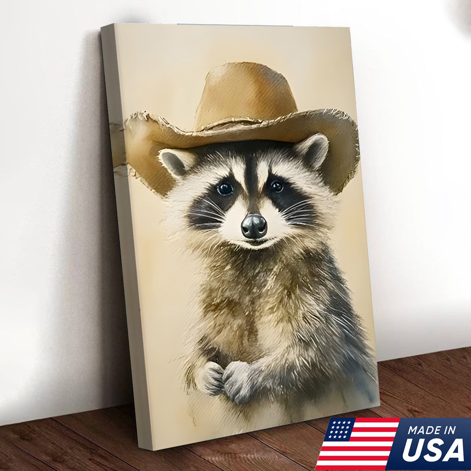 Western Farm Animal Trio Canvas Wall Art Set, Cowboy Duck Raccoon Highland Cow Portraits