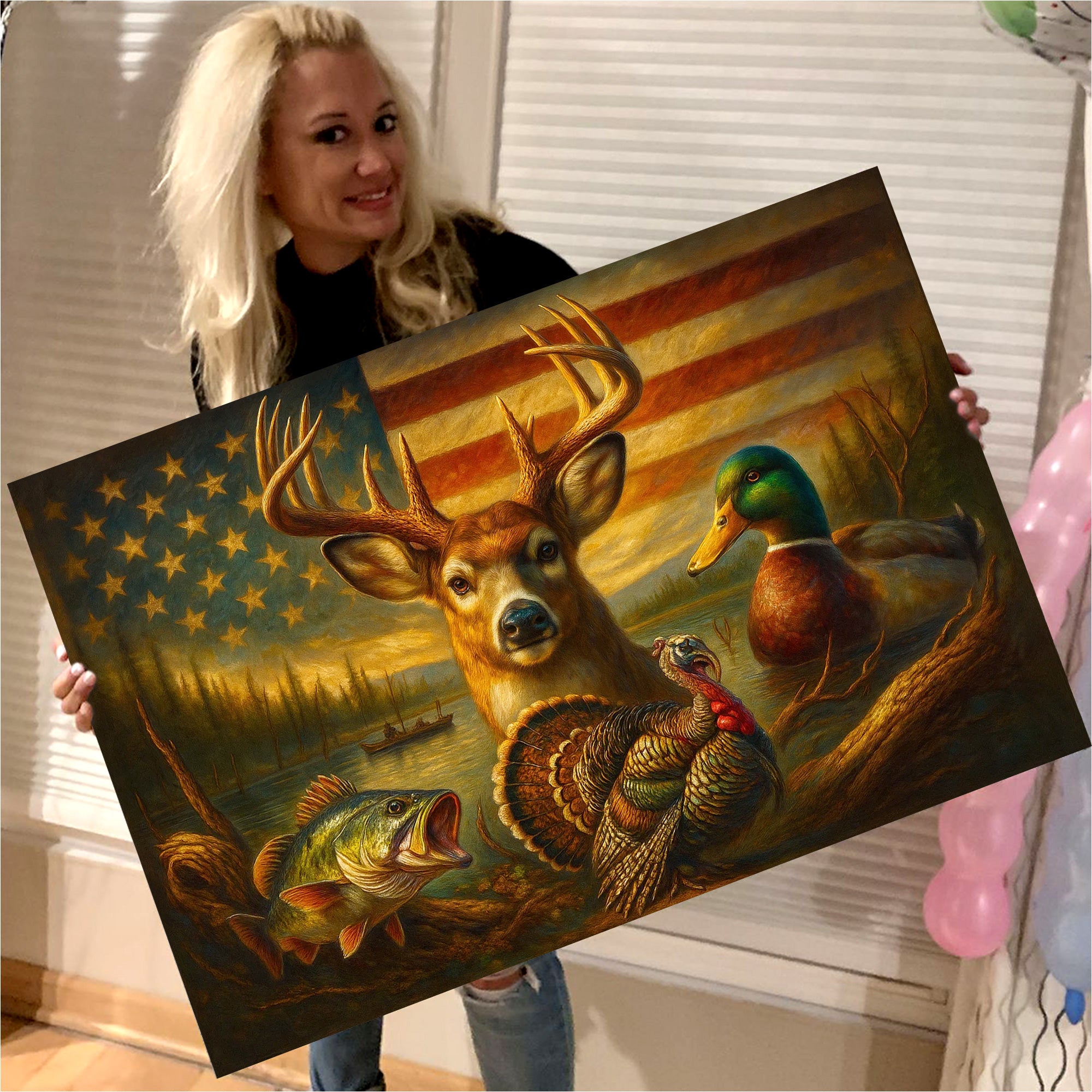 American Flag Hunting Canvas Wall Art – Whitetail Buck, Wild Turkey, Mallard Duck & Largemouth Bass – Patriotic Decor