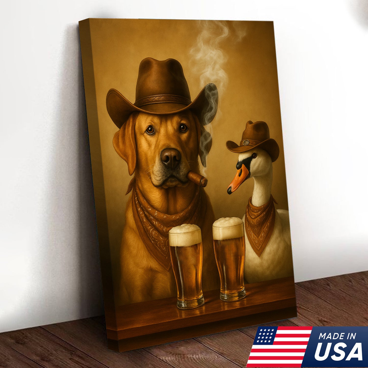 Funny Cowboy Dog & Geese Wall Art Canvas – Funny Beer & Smoking Canvas for Hunters, Cabin, Bar & Man Cave Decor