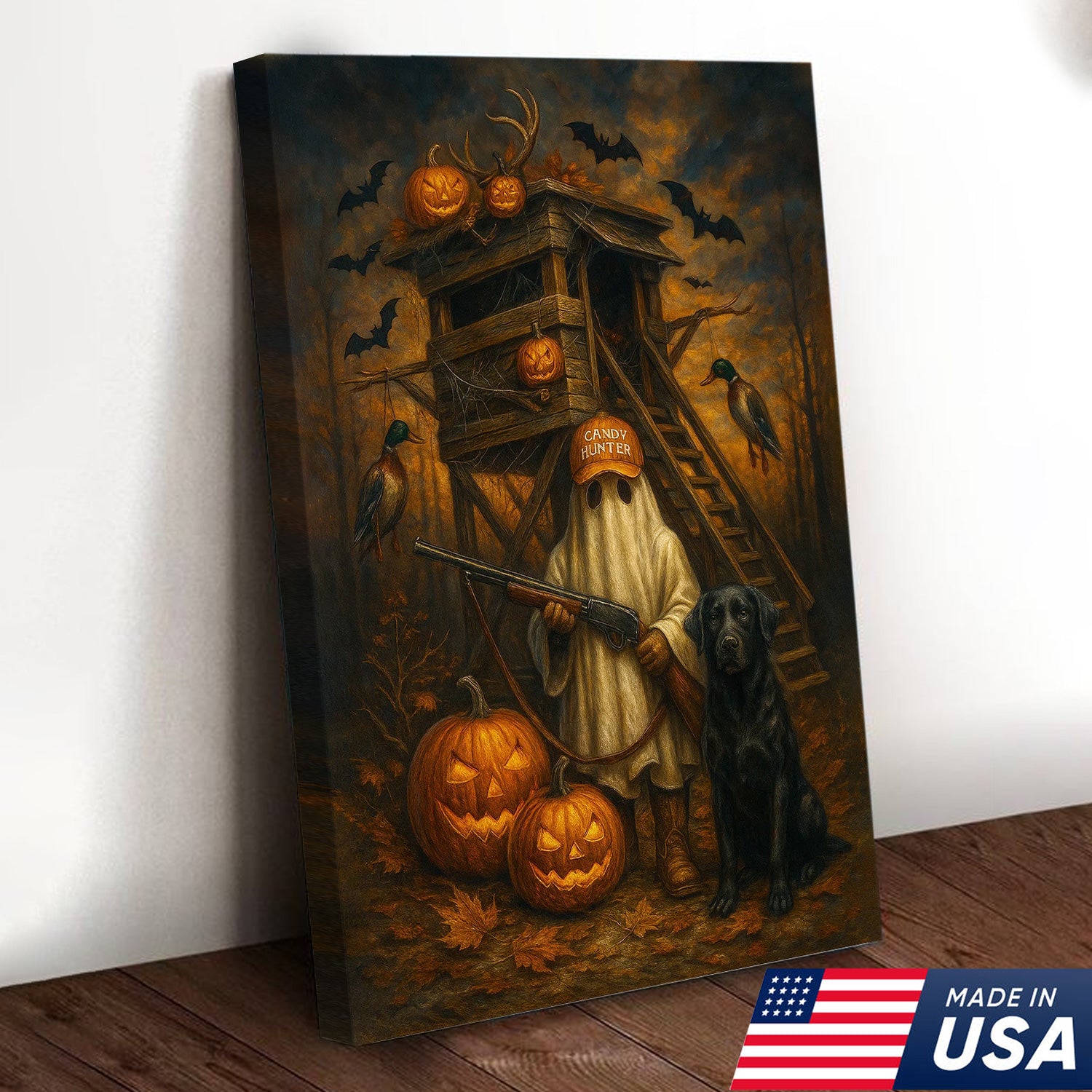 Halloween Canvas Wall Art – Ghost Hunter and Black Lab, Pumpkins, Bats and Ducks – Rustic Fall Farmhouse Hunting Decor