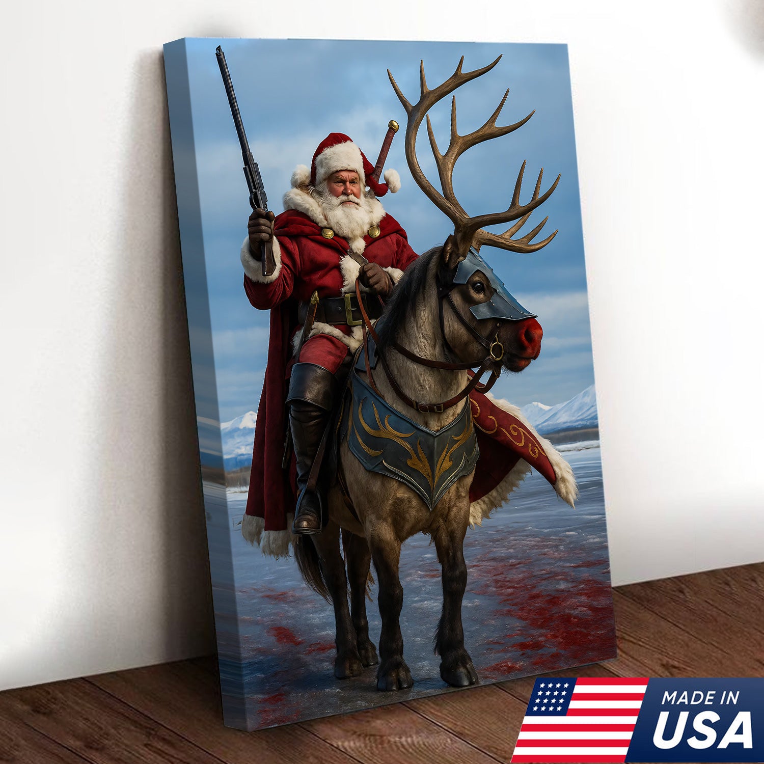 Epic Santa Riding Reindeer Canvas Wall Art, Fantasy Warrior Santa on Armored Reindeer Poster, Winter Christmas Wall Decor Print
