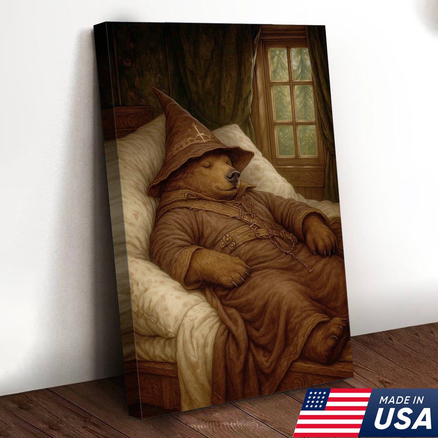 Sleeping Wizard Bear Canvas Wall Art, Cozy Fantasy Animal Poster