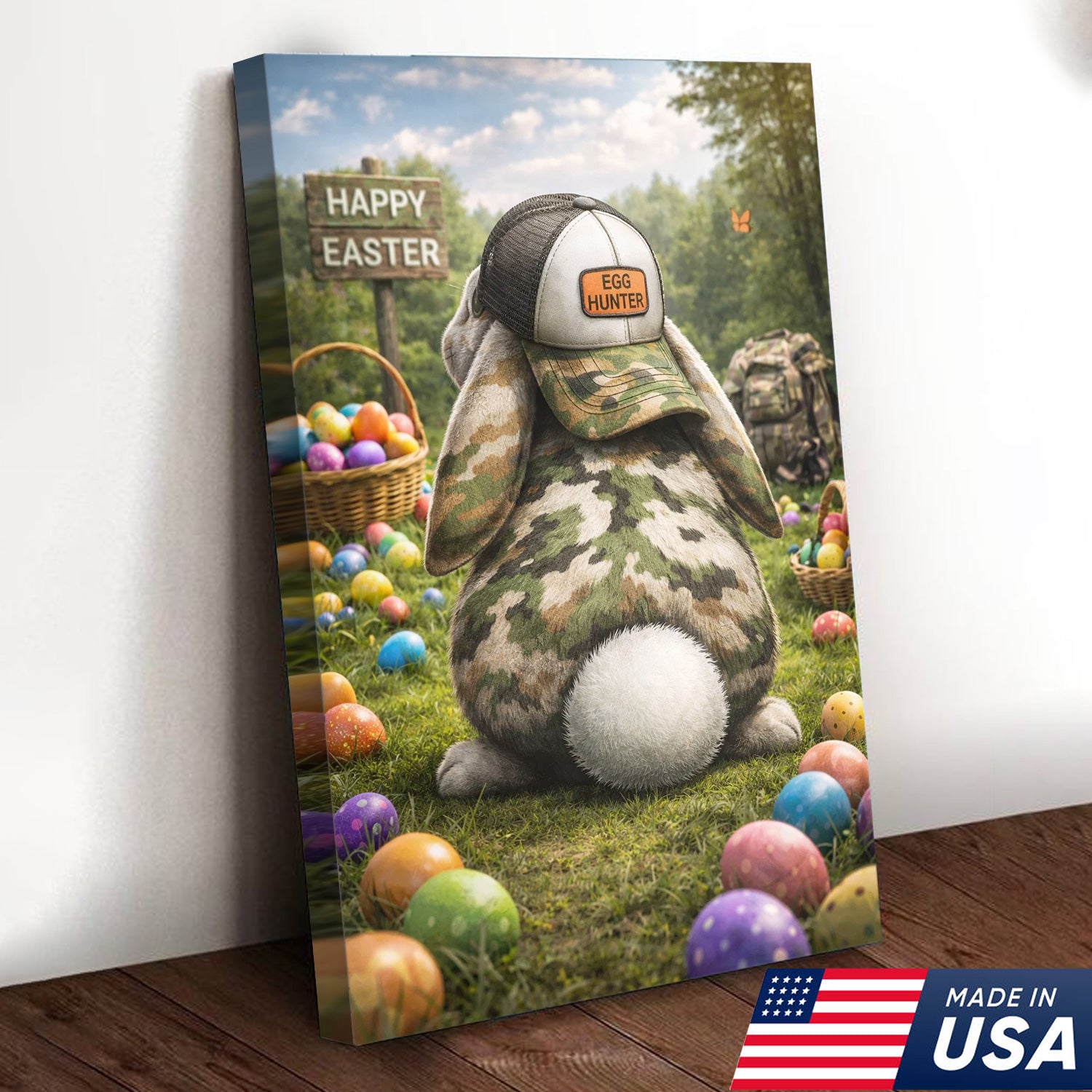 Funny Easter Bunny Hunter Canvas Wall Art, Camo Rabbit with Egg Hunter Hat