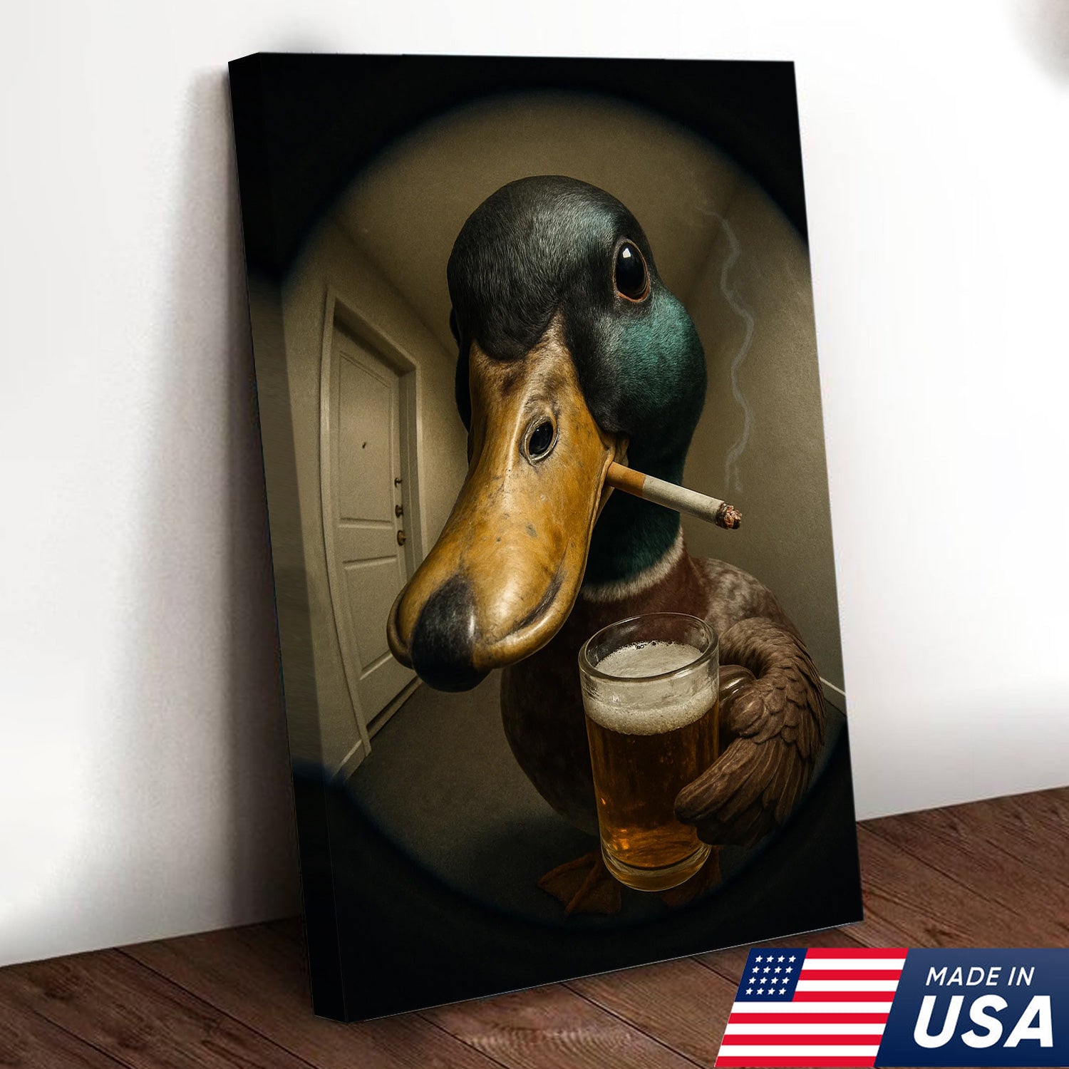 Mallard Duck Fisheye Canvas Wall Art – Funny Close-Up Door Peephole Portrait with Beer Glass– Quirky Duck Wall Decor