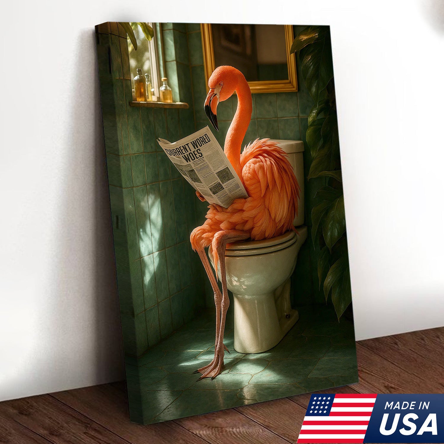 Funny Flamingo Bathroom Canvas Wall Art – Quirky Bird Reading Newspaper Print – Humorous Home Decor