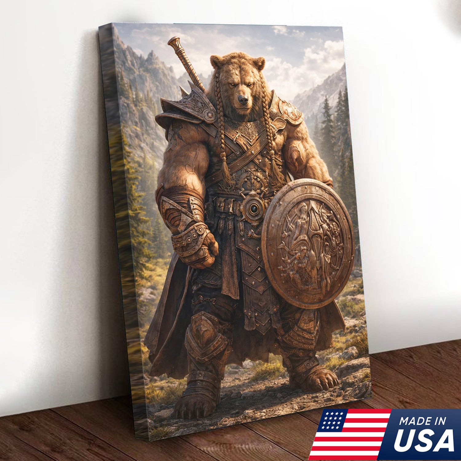 Viking Bear Warrior Canvas Wall Art – Epic Fantasy Animal Print with Sword & Shield