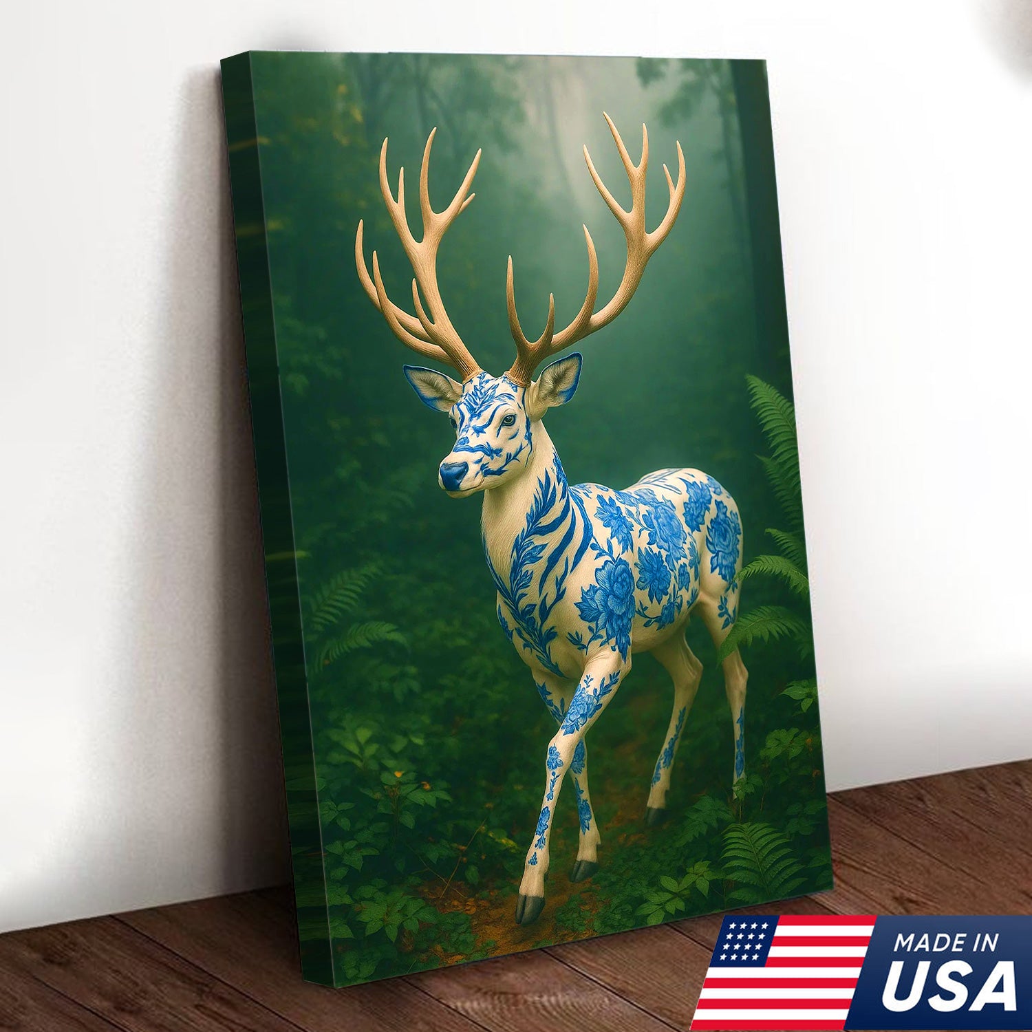 Blue Porcelain Deer Canvas, Elegant Woodland Art Print for Nature Lovers