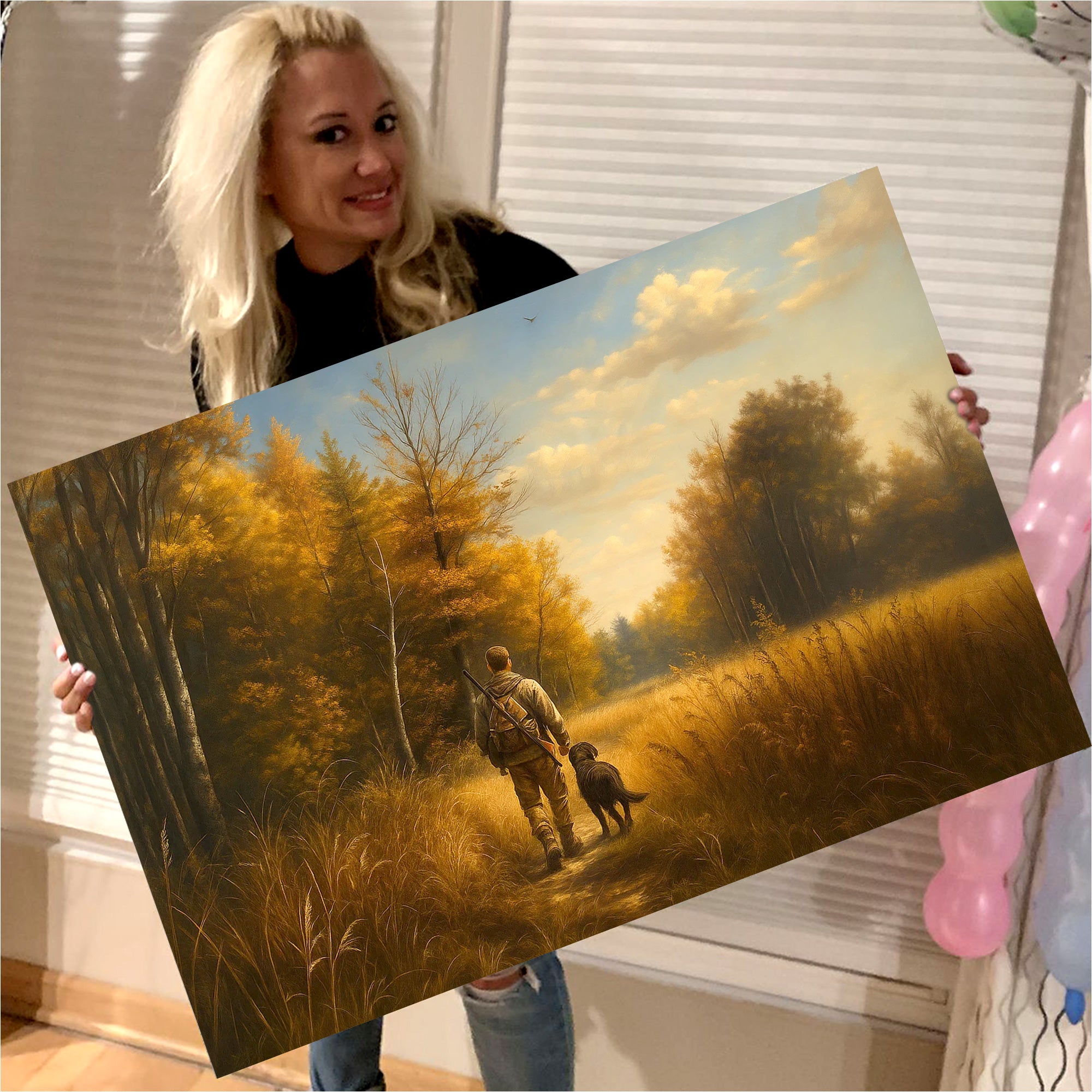 Hunting Canvas Wall Art – Hunter Walking with Dog in Autumn Forest – Rustic Wildlife Wall Decor for Cabin and Lodge