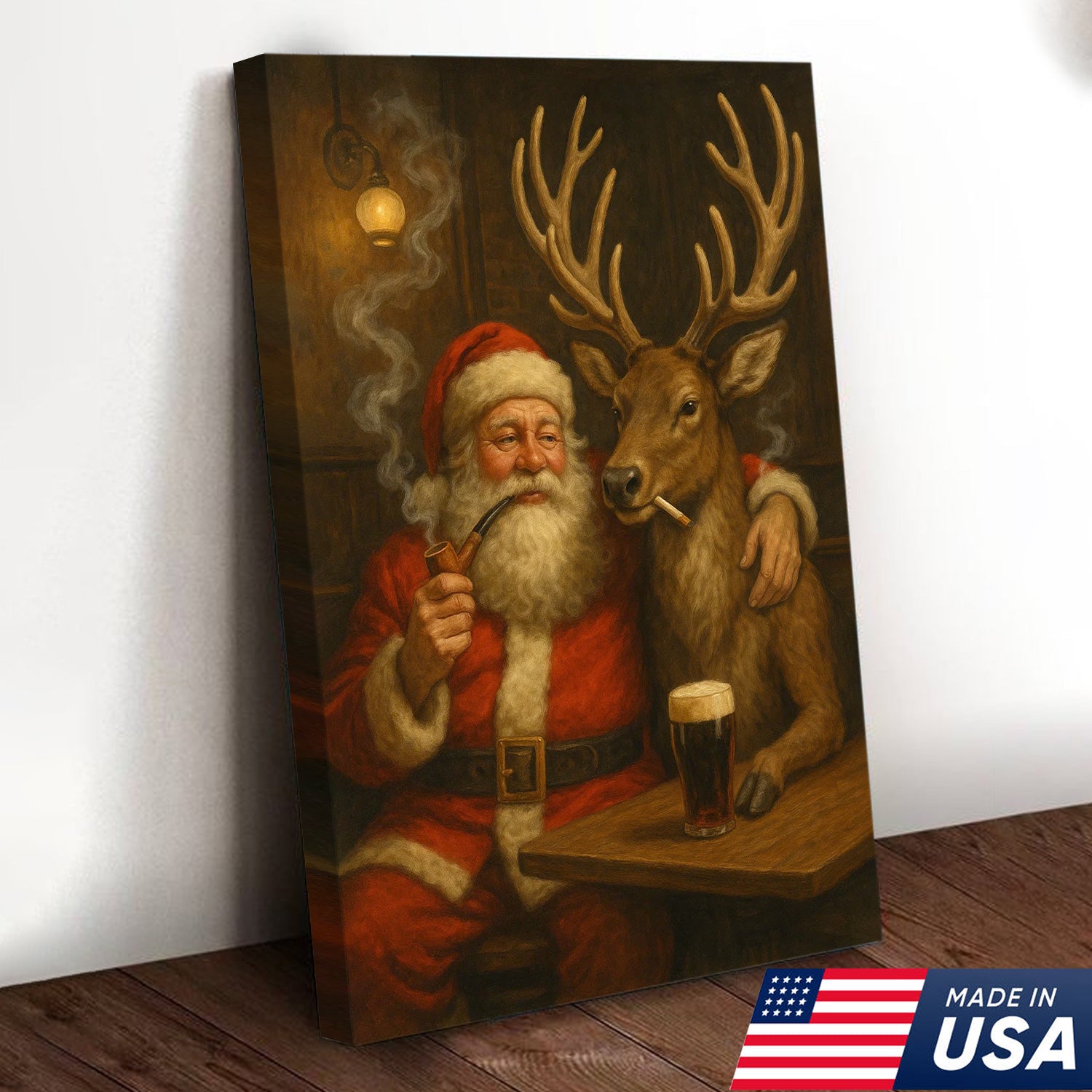 Funny Santa and Reindeer Wall Art Canvas – Rustic Christmas Lodge Decor – Holiday Deer Hunting Theme