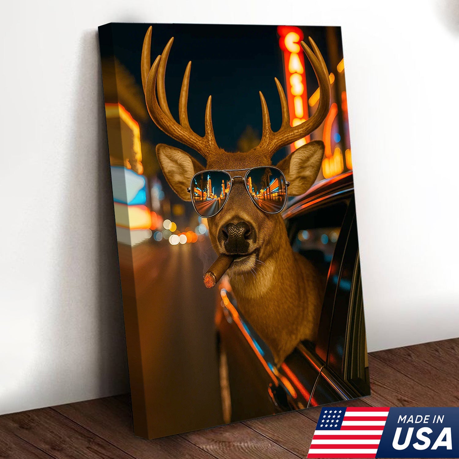 Cool Deer Canvas Wall Art - Funny Rustic Lodge Decor with Sunglasses and Night City Vibes - Unique Wildlife Cabin Print