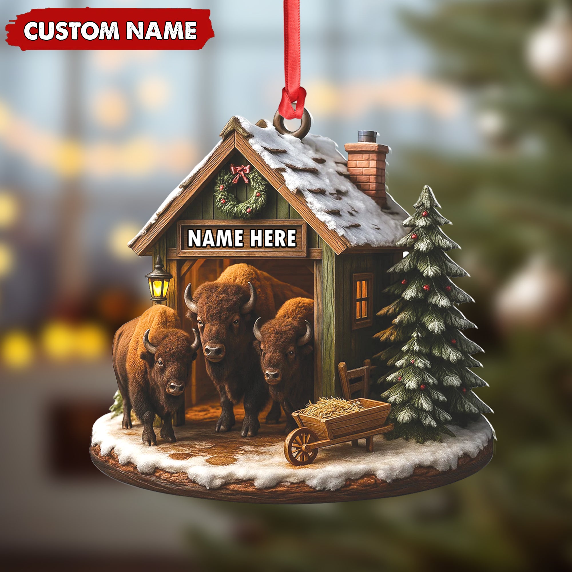 Personalized Acrylic Bison Christmas Ornament – Custom Buffalo Barn Holiday Decor