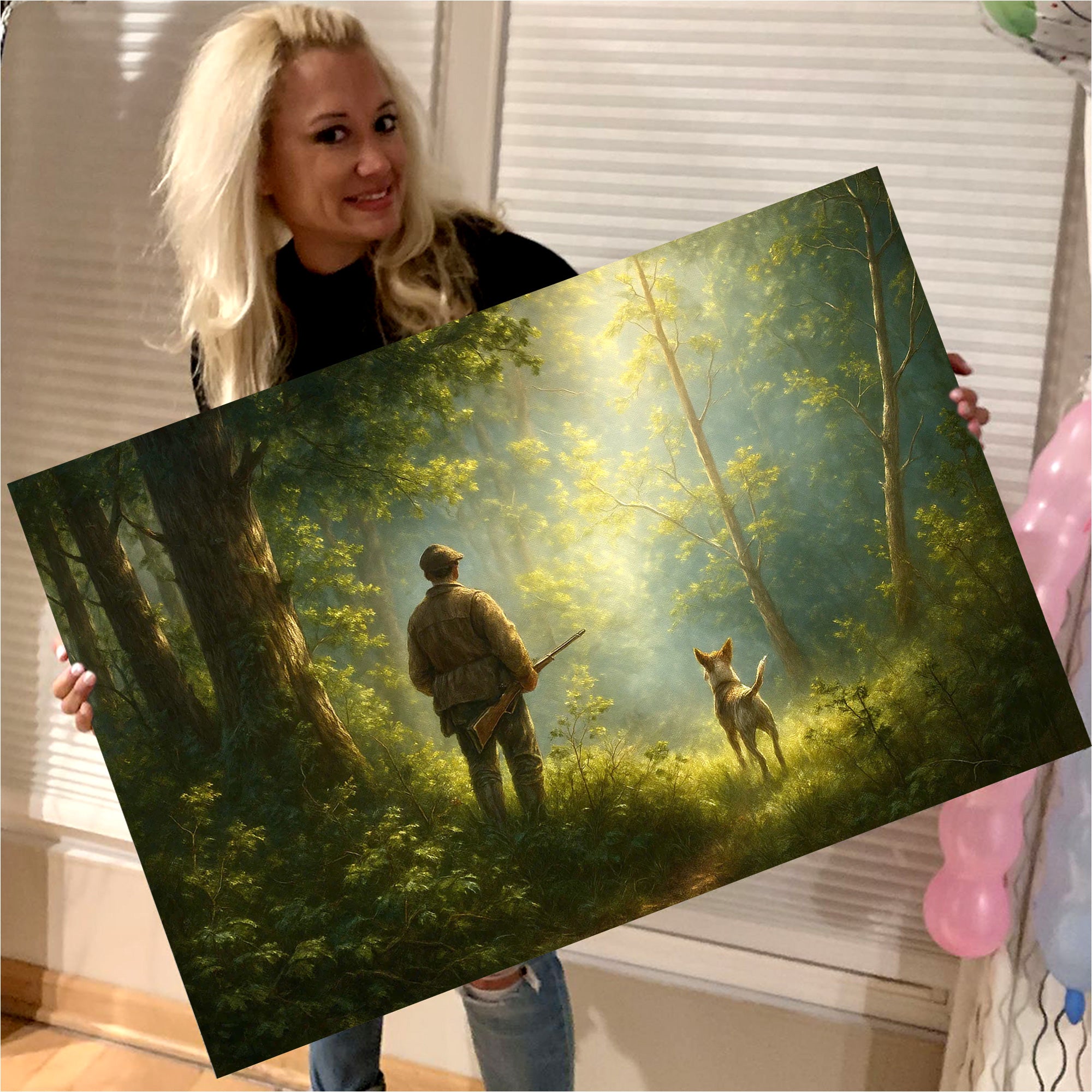 Hunting Canvas Wall Art – Hunter and Dog in Sunlit Forest – Rustic Cabin Decor for Wildlife and Outdoor Enthusiasts