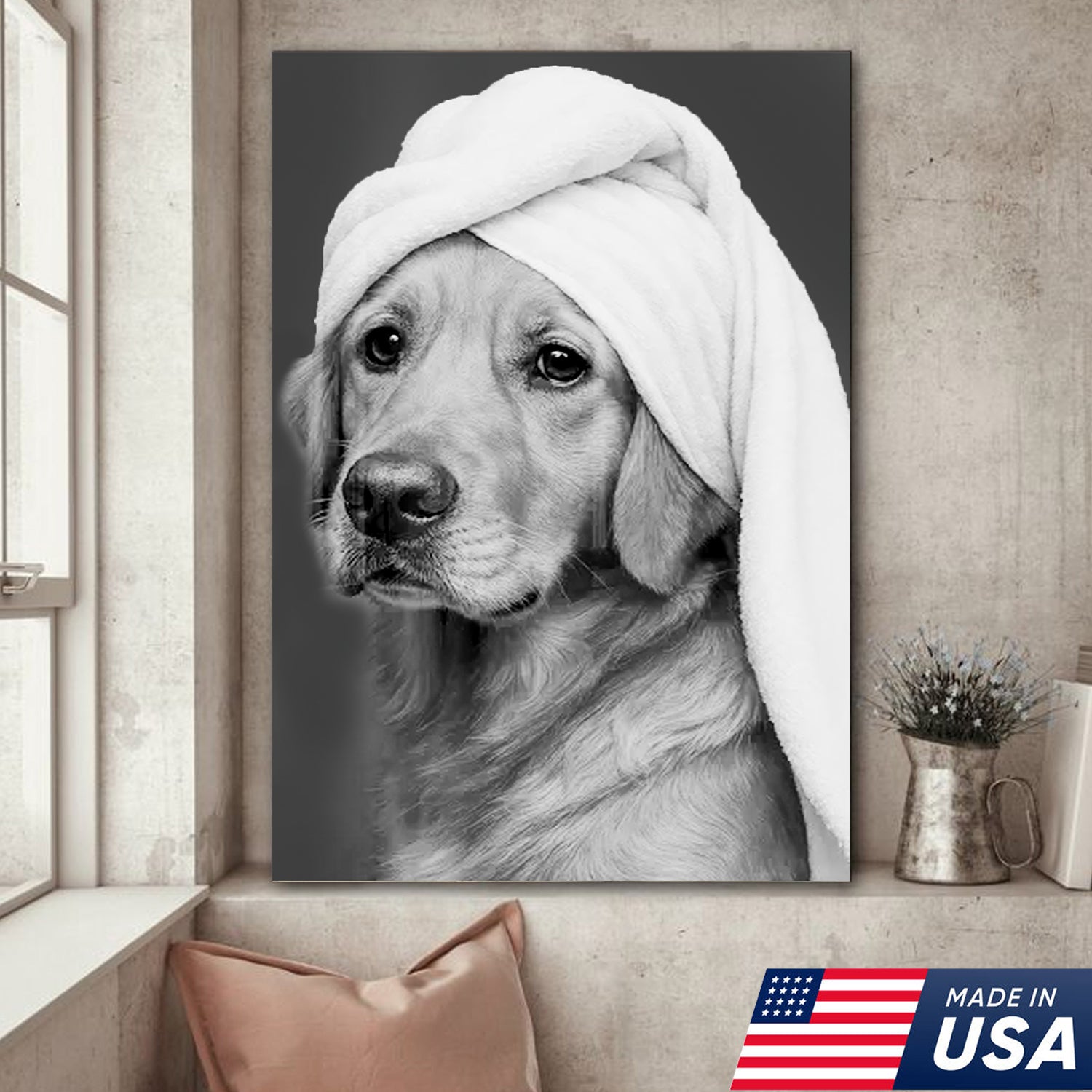 Funny Dog Bathroom Triptych Canvas Wall Art Set, Black and Golden Retriever Bath Humor