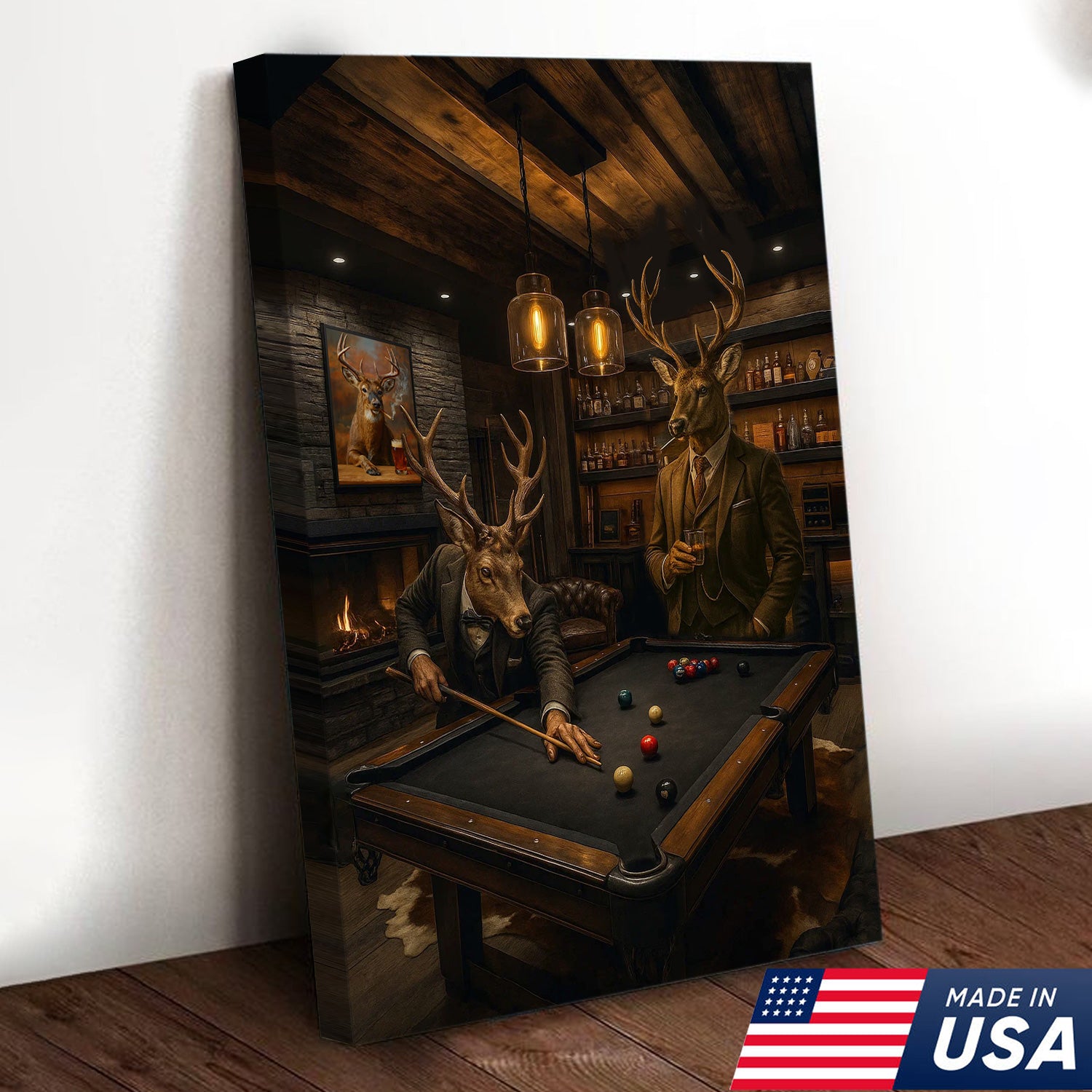 Deer Gentlemen Billiards Canvas Wall Art – Whitetail Bucks in Suits at Pool Table – Lodge Game Room Decor