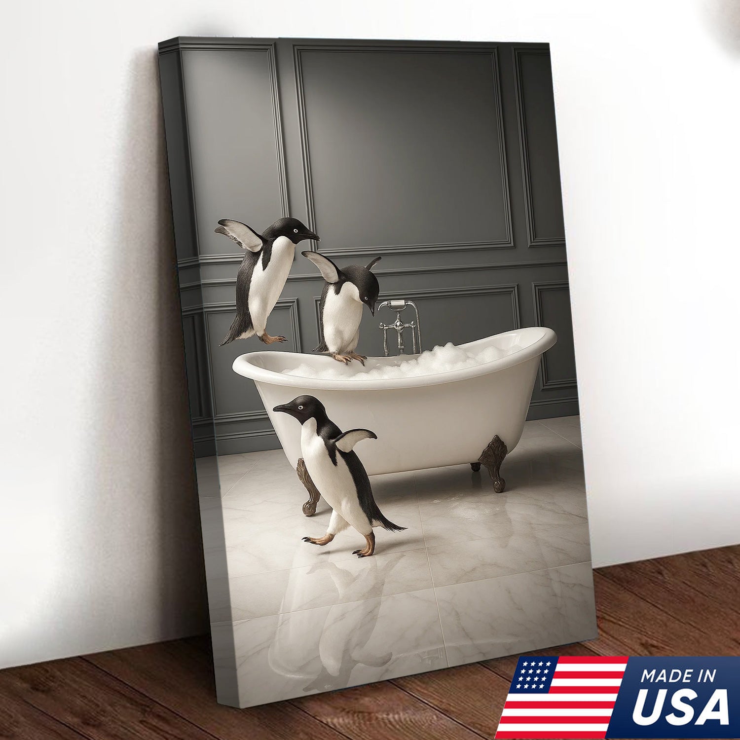 Penguin Bathroom Wall Art Canvas, Cute Penguins Bubble Bath Kids Bathroom Decor