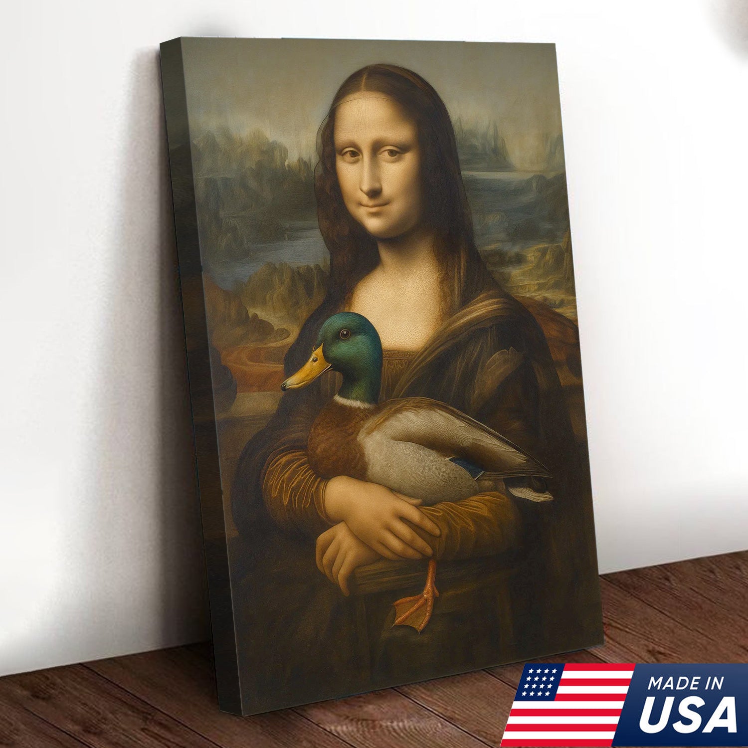 Funny Mona Lisa Duck Canvas Wall Art, Quirky Parody Painting Print for Bathroom or Office