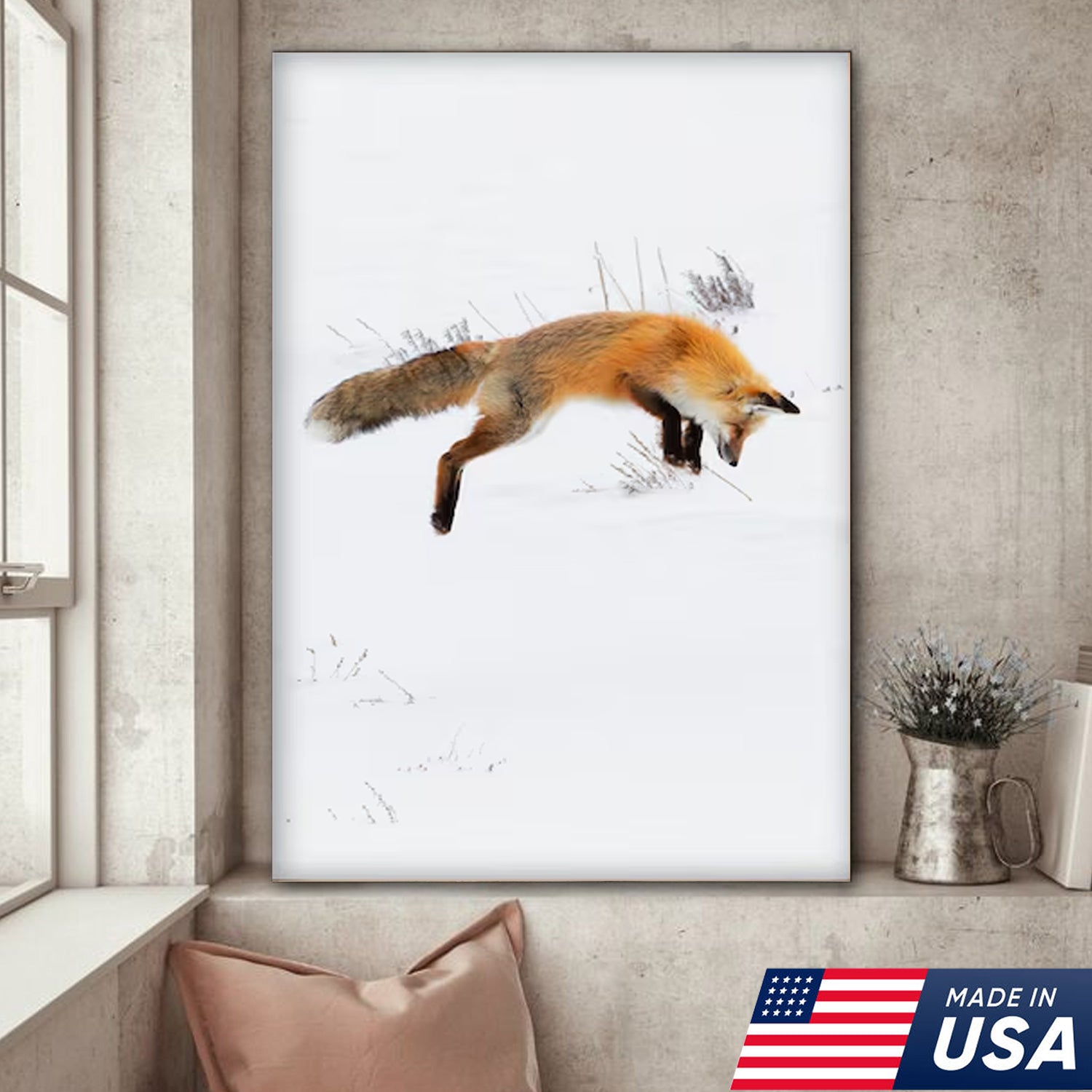 Funny Fox Snow Dive Triptych Canvas Wall Art Set, Playful Wildlife Winter Photography Prints