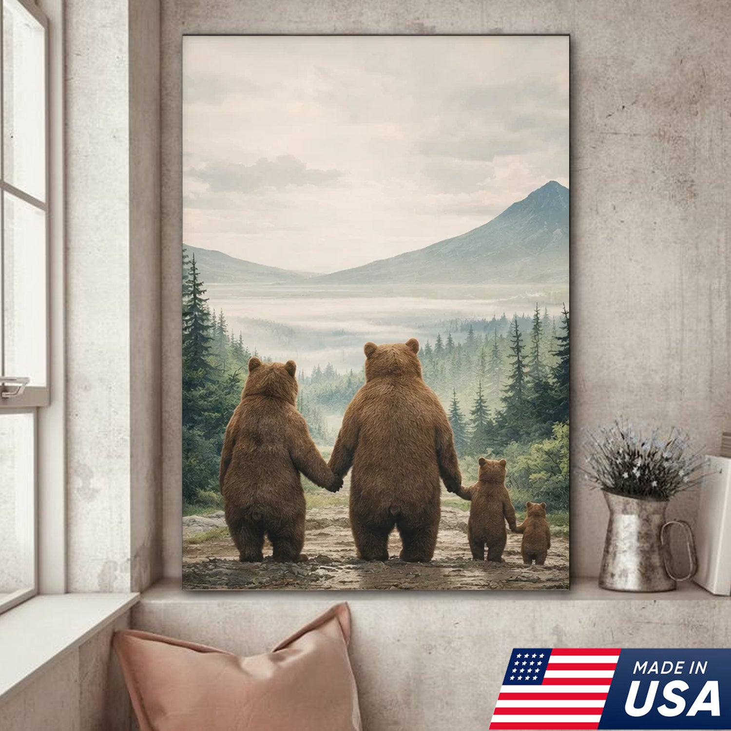 Bear Family Forest Triptych Canvas Wall Art Set, Peaceful Wildlife Landscape with Cubs, Warm Nature Inspired Living Room Home Decor Print