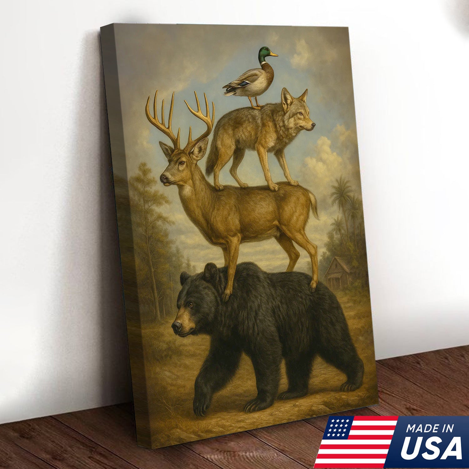Epic Wildlife Stacking Canvas Wall Art – Bear, Deer, Coyote & Duck – Rustic Hunting Cabin Decor