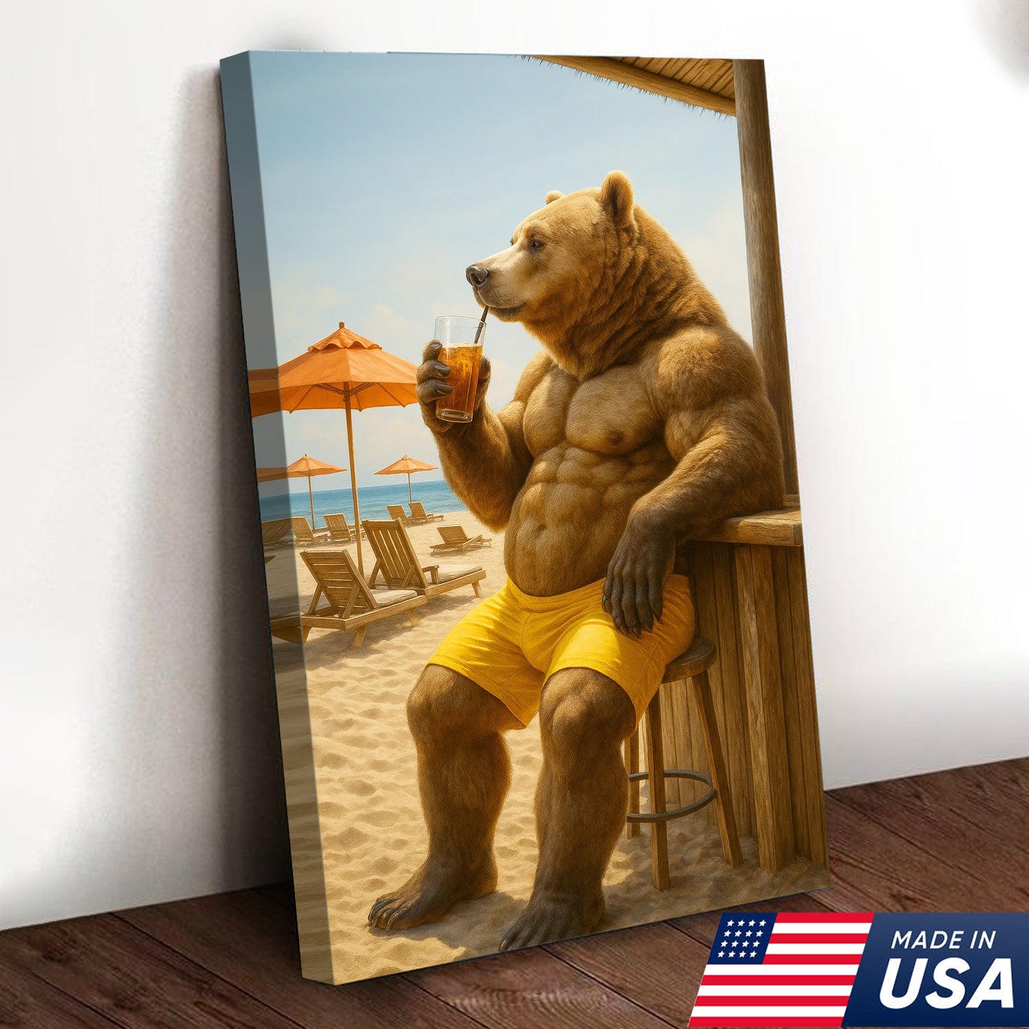 Funny Beach Bear Canvas Wall Art, Summer Vacation Animal Artwork, Humorous Muscle Bear Decor, Tropical Coastal Cabin Painting