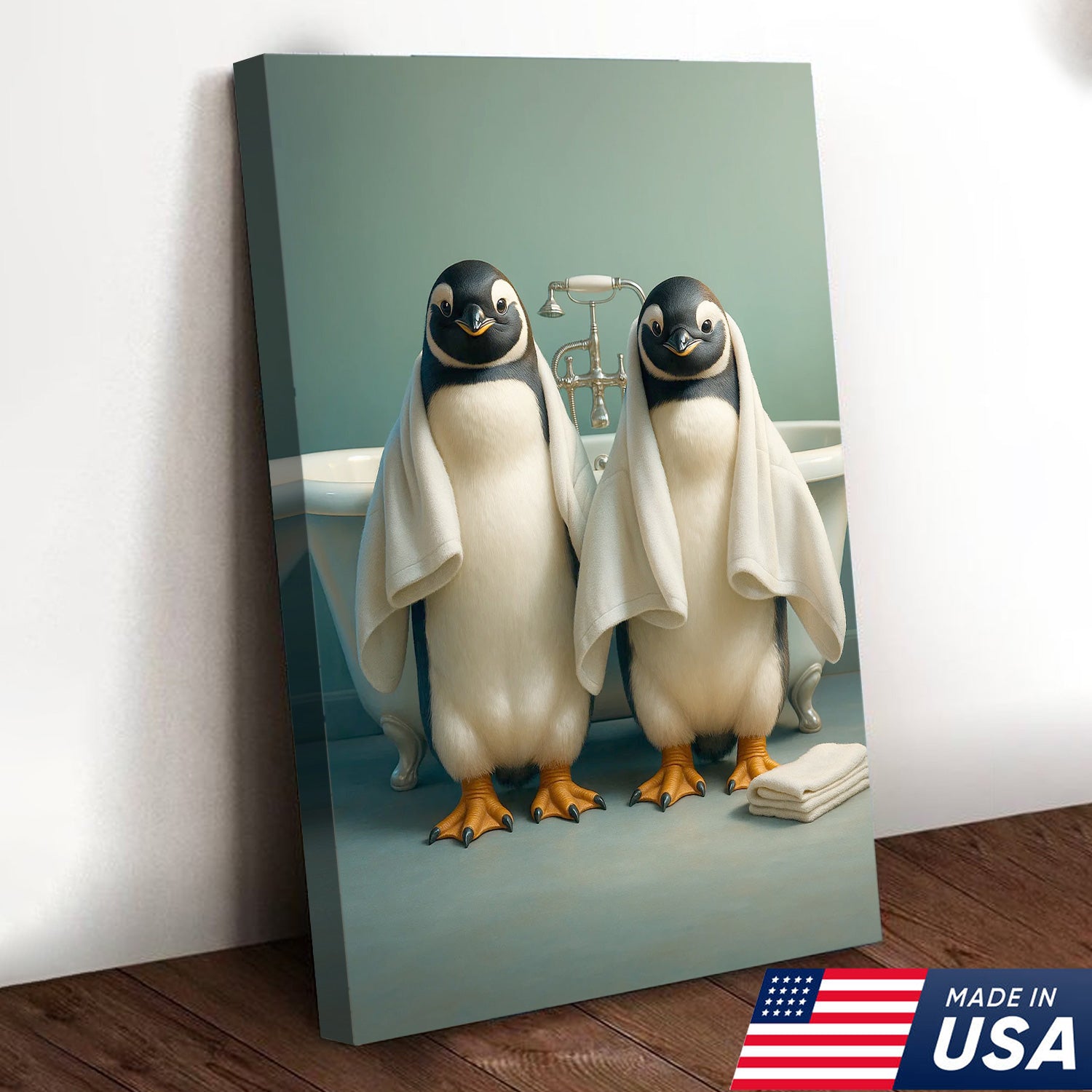 Cute Penguin Twins Bathroom Wall Art Canvas, Adorable Towel Penguins Kids Bath Decor