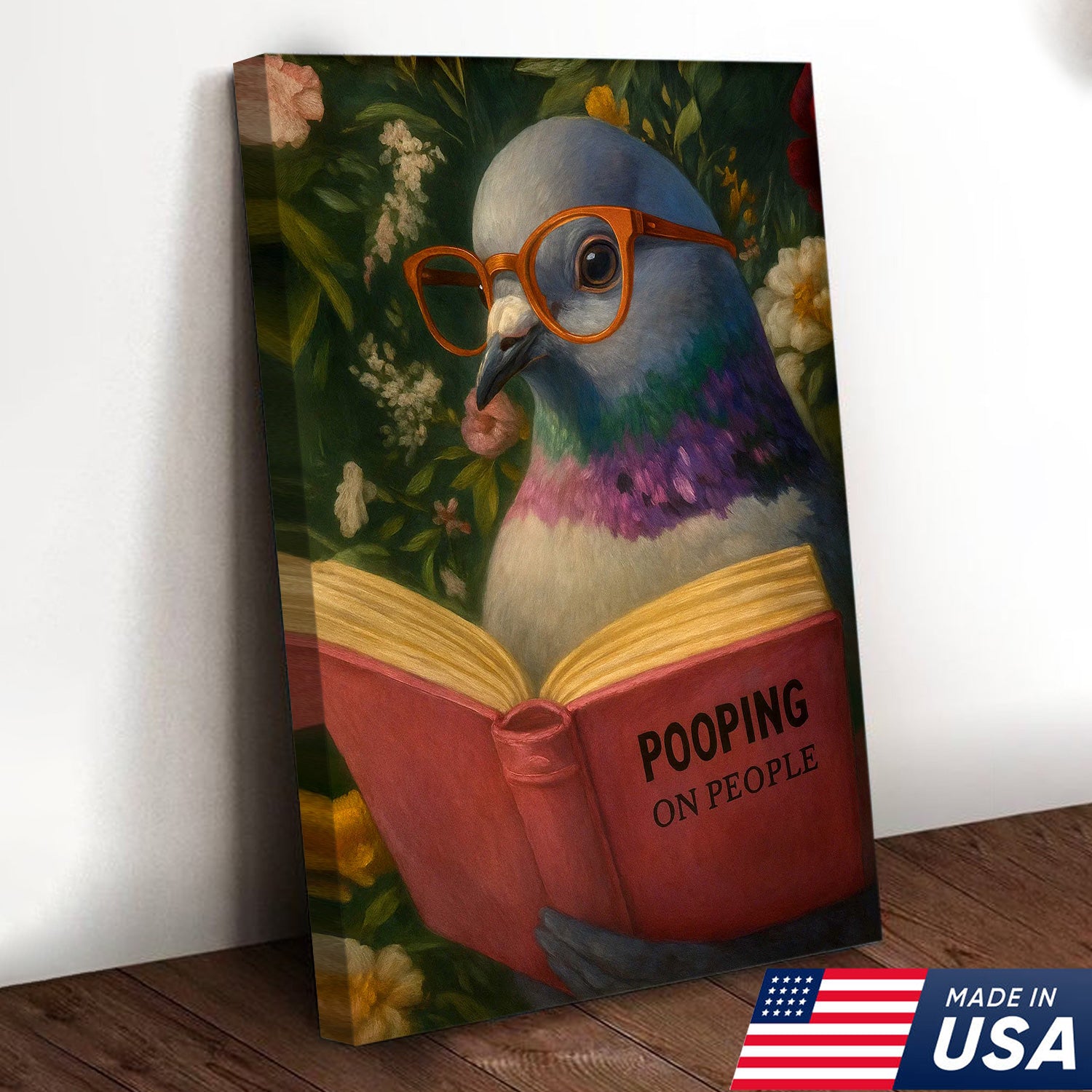 Funny Pigeon Canvas Wall Art - Reading Bird with Glasses Design - Quirky Animal Artwork for Home Decor