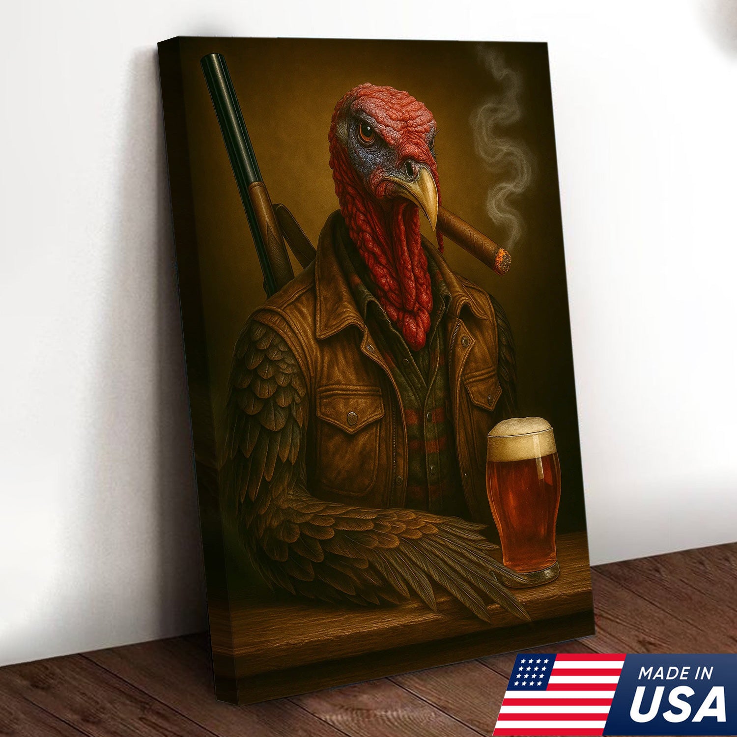 Wild Turkey Canvas Wall Art – Surreal Hunter Portrait with Beer Glass, Rustic Lodge Decor