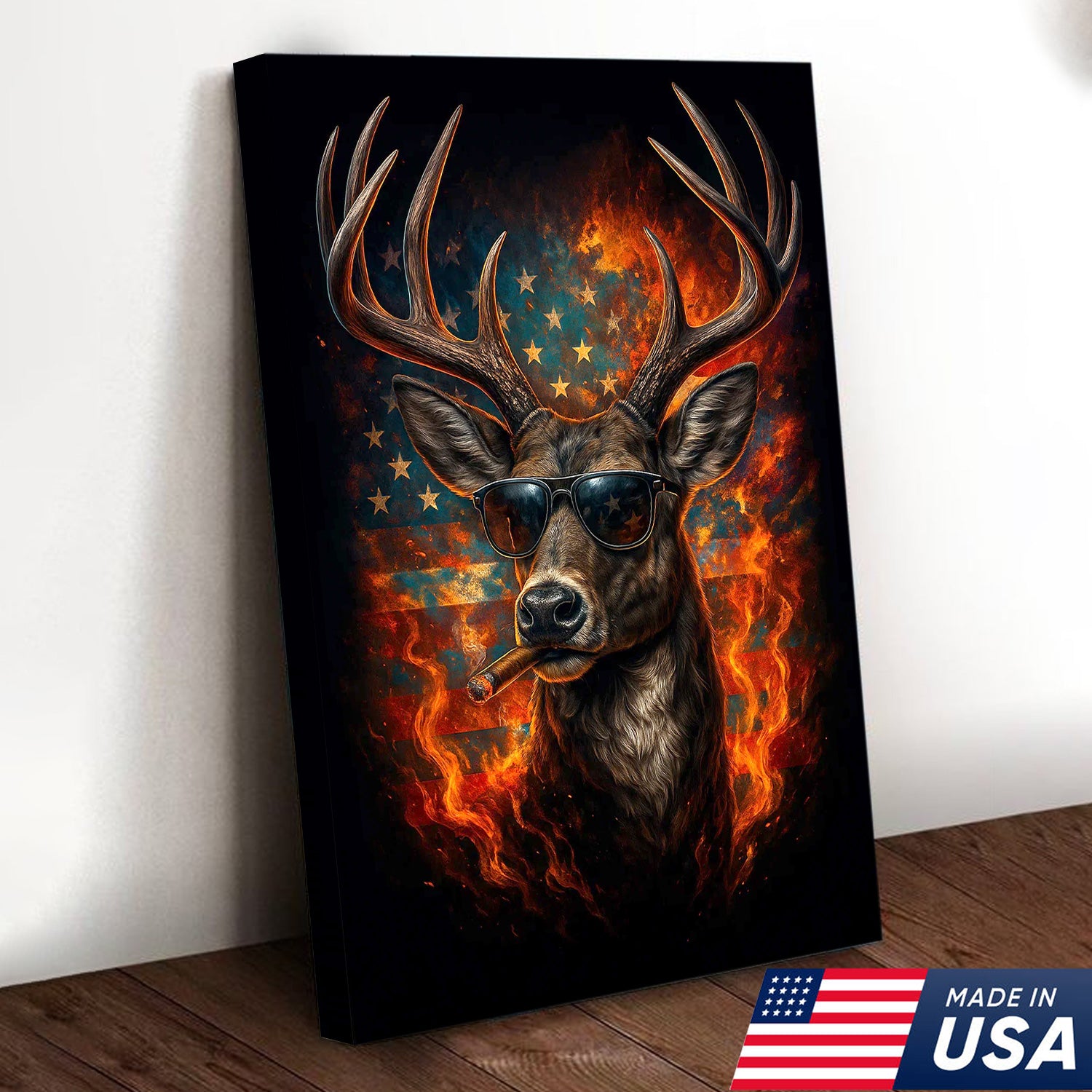 Patriotic Deer Wall Art Canvas – Cool Buck with Sunglasses and American Flag – Rustic Hunting Lodge Decor USA