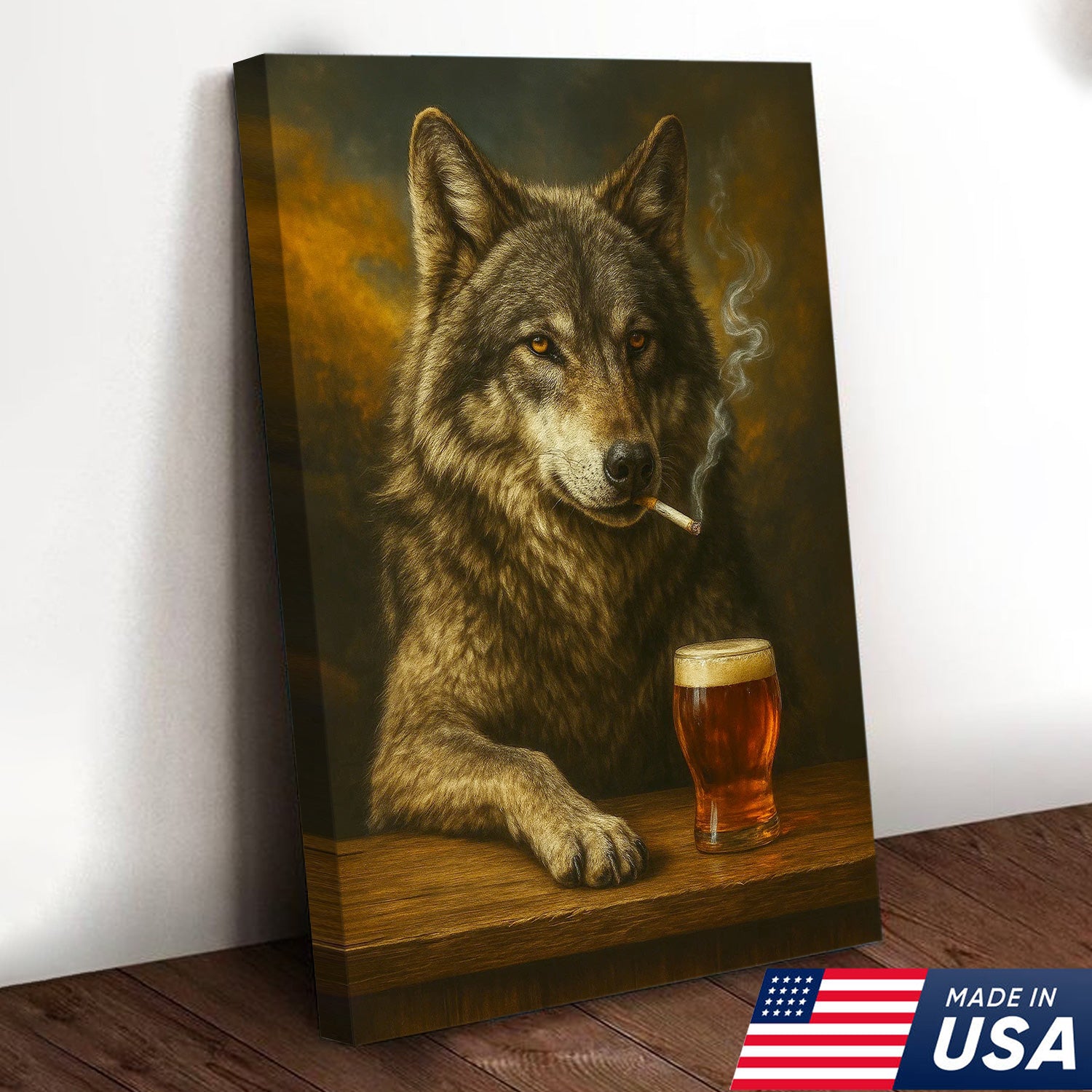 Rustic Gray Wolf Canvas Wall Art – Majestic Wildlife Bar Scene with Beer – Hunting Cabin Lodge Decor