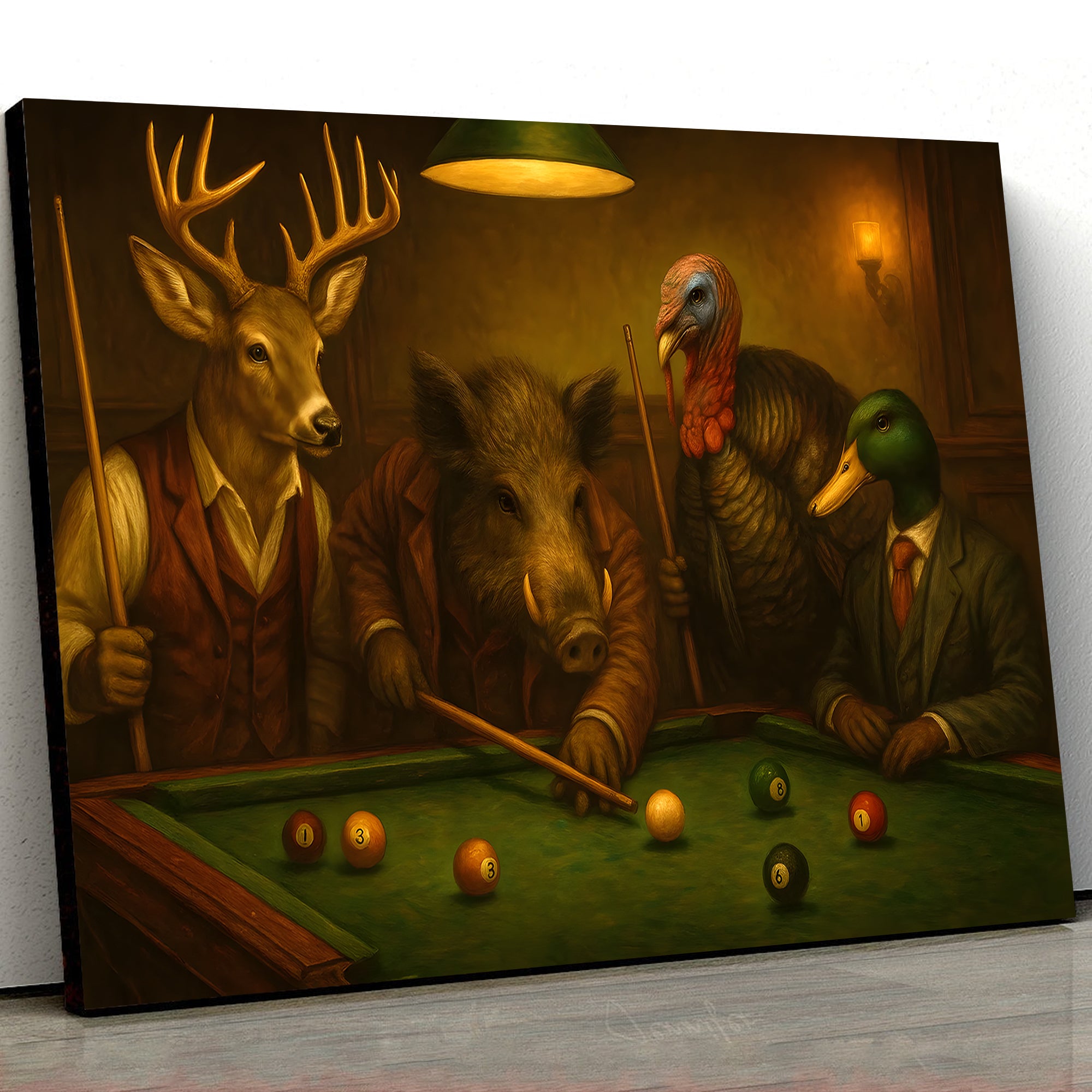 Hunter’s Billiard Crew Canvas Wall Art – Deer, Boar, Duck & Turkey Playing Pool – Rustic Hunting Cave & Lodge Decor